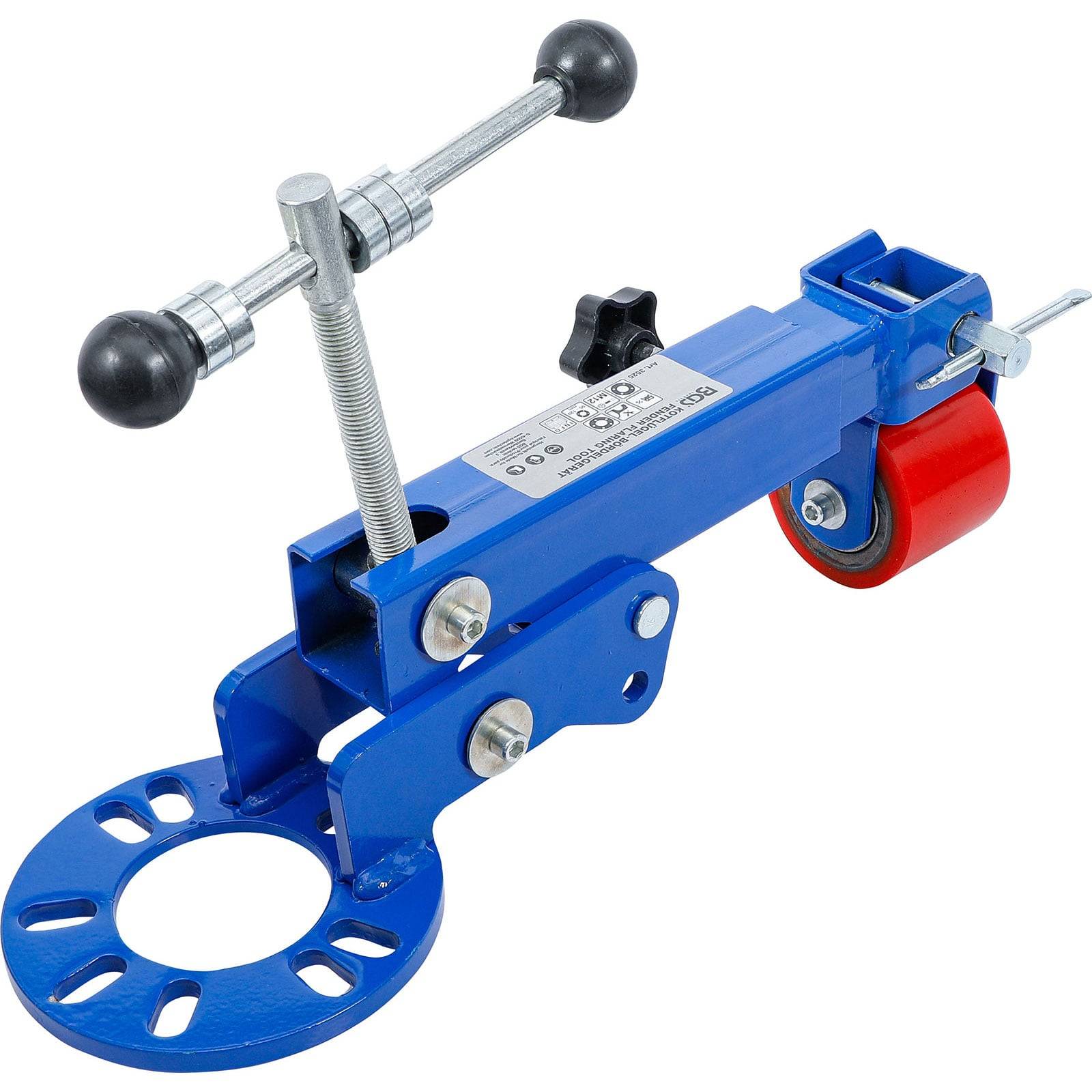 Ein blauer Kotflügelverbreiterungswerkzeug mit einem roten Rad und einem verstellbaren Griff, der zur Erweiterung der Radkästen eines Fahrzeugs verwendet wird.