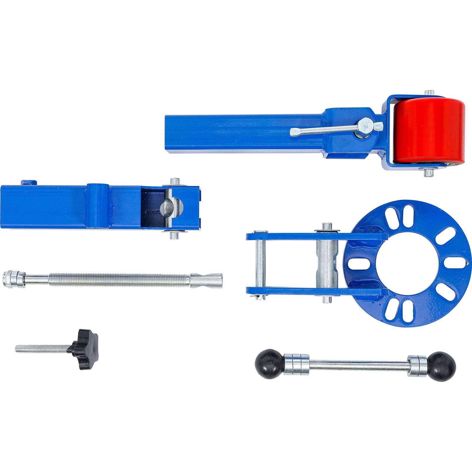 Fender-Rolltool-Set: blauer Rollenarm mit rotem Rad, Einstellknopf, Schrauben und Zubehör. Verwendet zum Umformen von Fahrzeugkotflügelkanten.