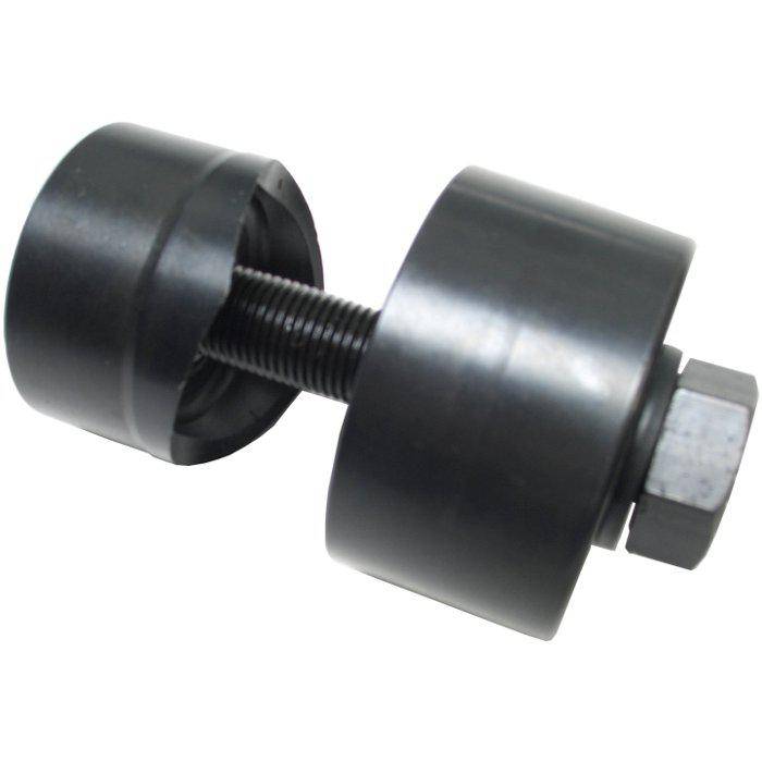Schwarze Metallrolle mit Gewindeschraube und Sechskantmutter auf weißem Hintergrund.