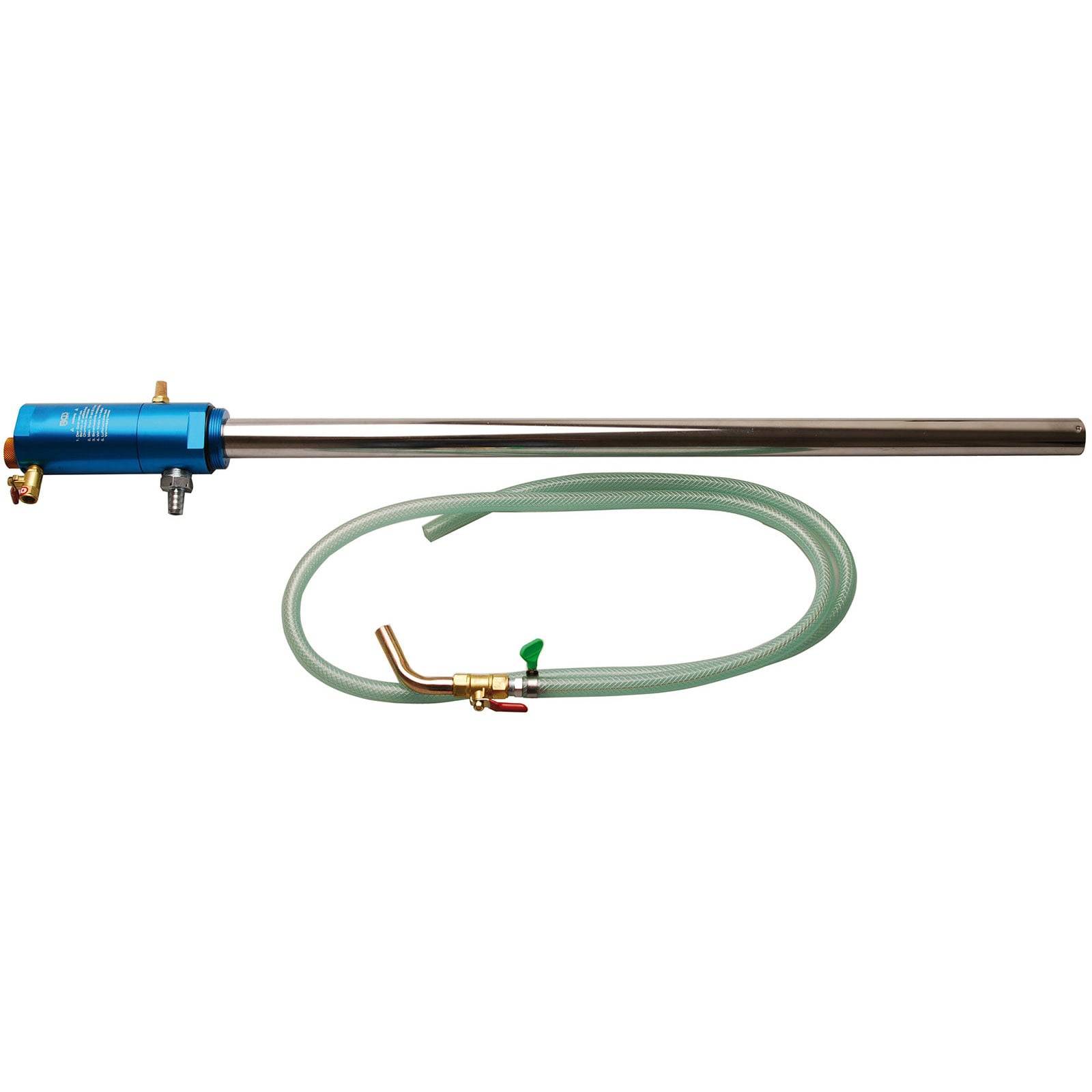 Ein Propanbrennerset mit einem langen Metalltrenner und angeschlossenem Schlauch, verwendet für Hochtemperaturanwendungen wie Dacharbeiten oder Schweißen.
