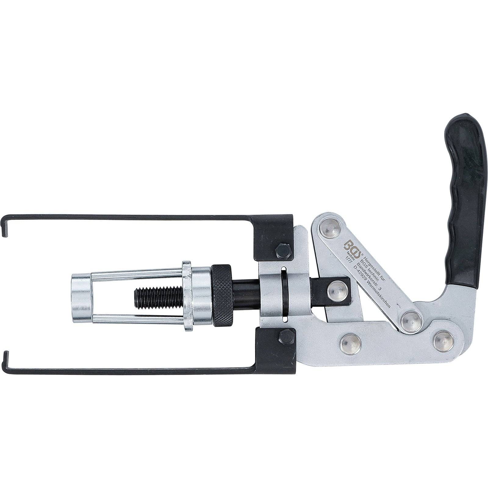 Ein silber- und schwarzer Kettennietzieher mit langem Griff, der zum Entfernen und Installieren von Nieten in Fahrradketten entwickelt wurde.