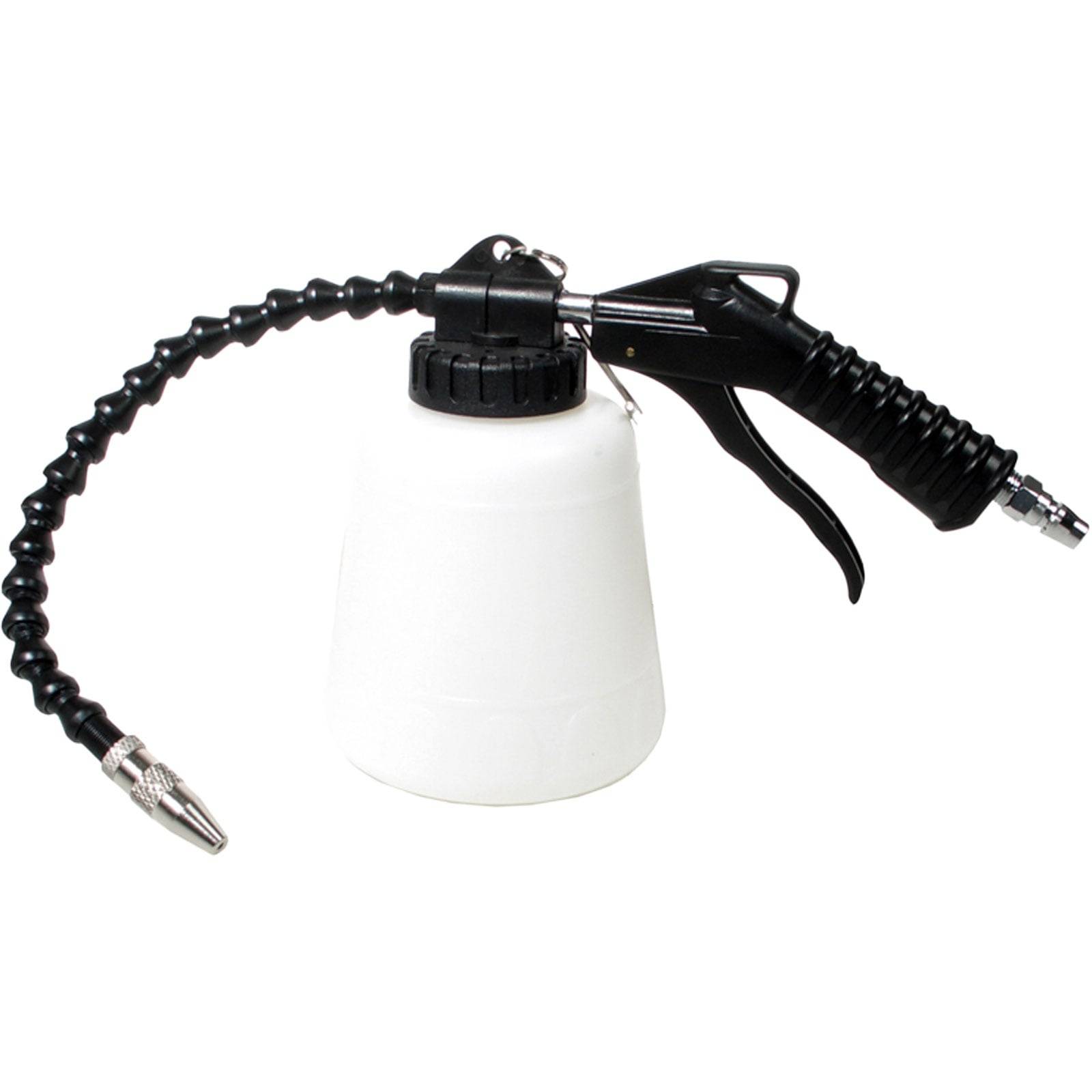 Eine weiße Handöl-Pumpe mit einem flexiblen schwarzen Ausguss und einem Griffgestell, die für präzise Schmierungsaufgaben verwendet wird.