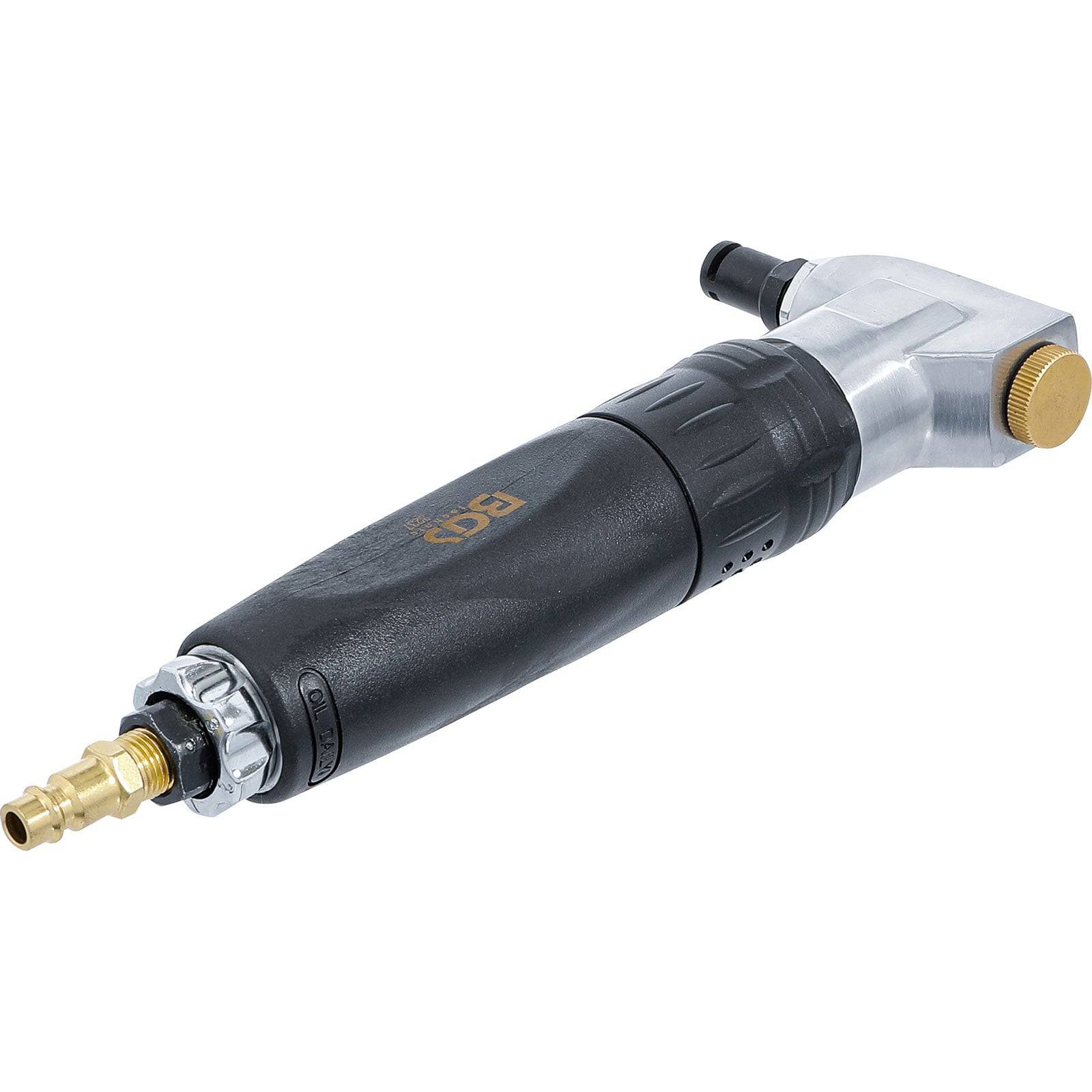 Druckluft-Winkelschleifer in schwarz und silber, mit Messingbeschlägen, entwickelt für präzises Schleifen und Oberflächenvorbereitung.