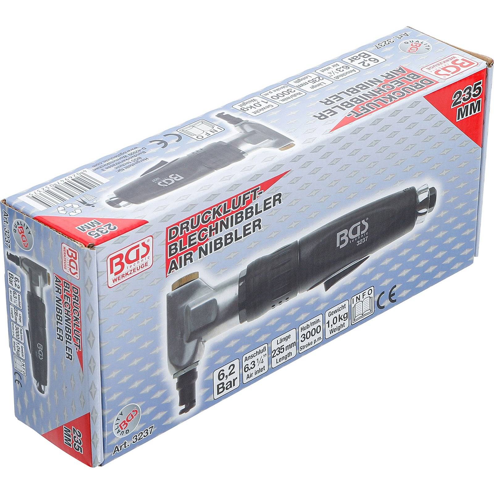 Karton eines BGS Luftnibbler-Werkzeugs mit folgenden Merkmalen: 235 mm, 6,2 bar, 6.300 U/min, 3,4 mm Schnitttiefe, Gewicht 1,0 kg, Modellnummer 3237.