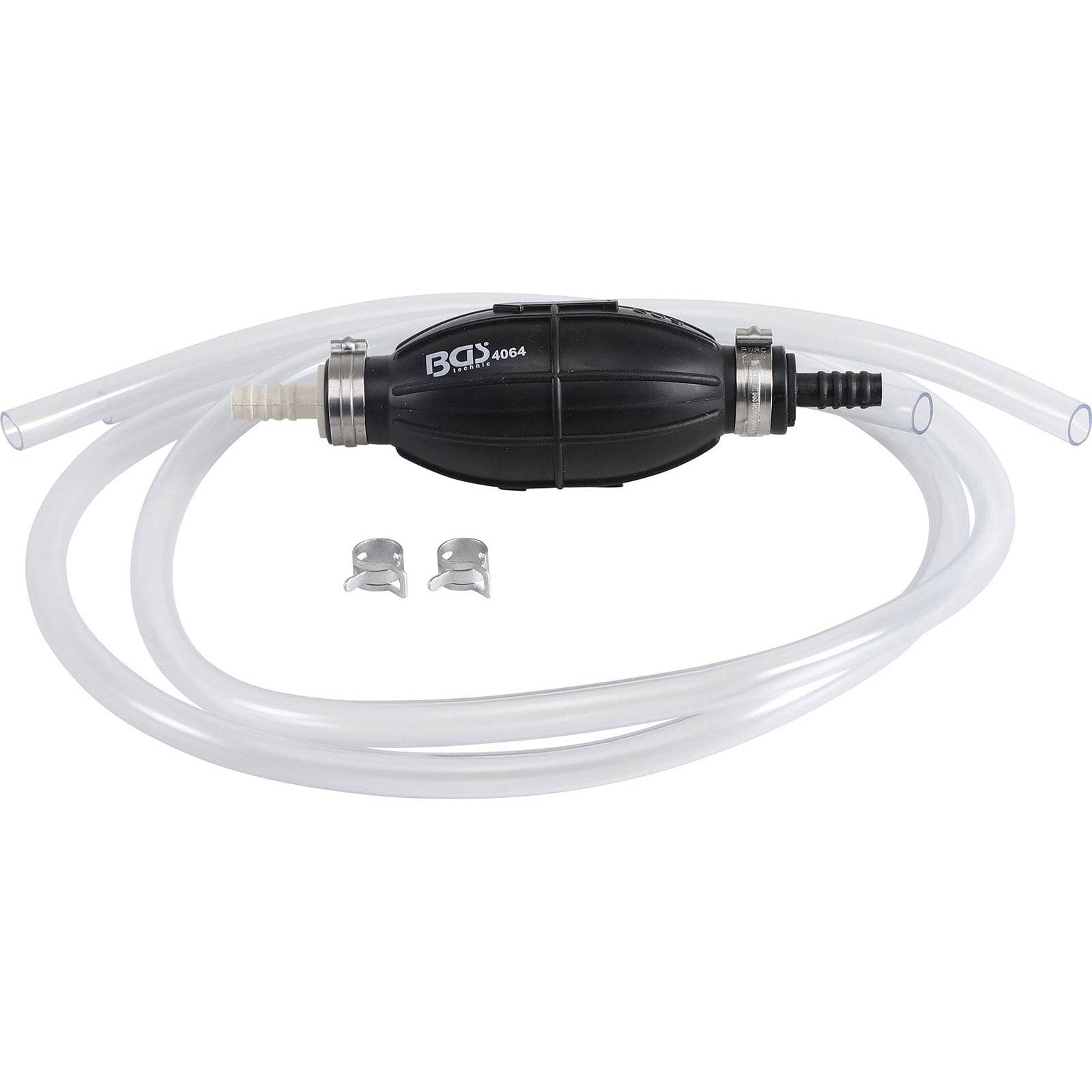 BGS 1406 Handpumpe für Öl und Flüssigkeiten mit transparenten Schläuchen, schwarzer Pumpenblase und zwei Metallklammern für sicheren Halt. Ideal für die Fahrzeugwartung.