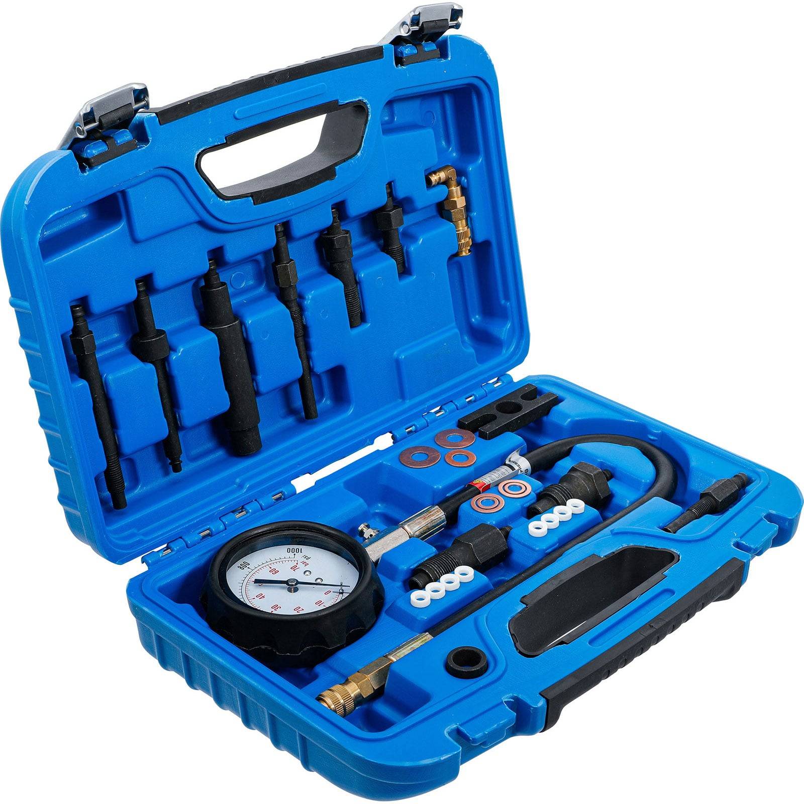 Blauer Kunststoffkoffer mit einem Kraftstoffdrucktester-Set, bestehend aus einem Druckmessgerät, Schläuchen, Adaptern und Anschlüssen.
