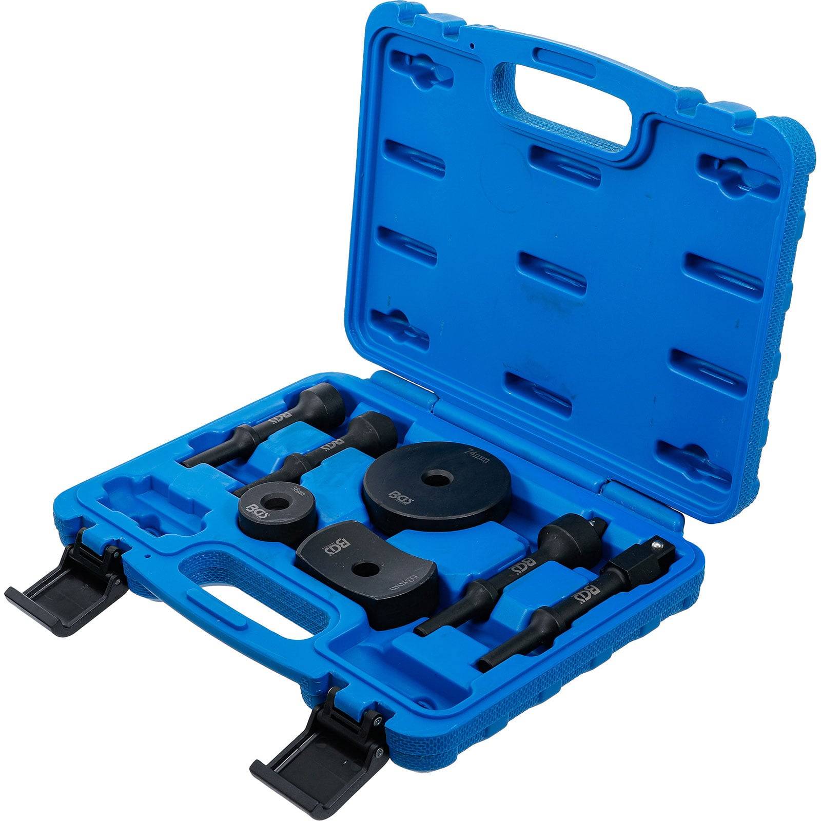 Eine blaue Plastikbox, die verschiedene schwarze Metallwerkzeuge enthält, die jeweils mit unterschiedlichen Millimetermaßen beschriftet sind und in maßgefertigten Einschüben platziert sind.