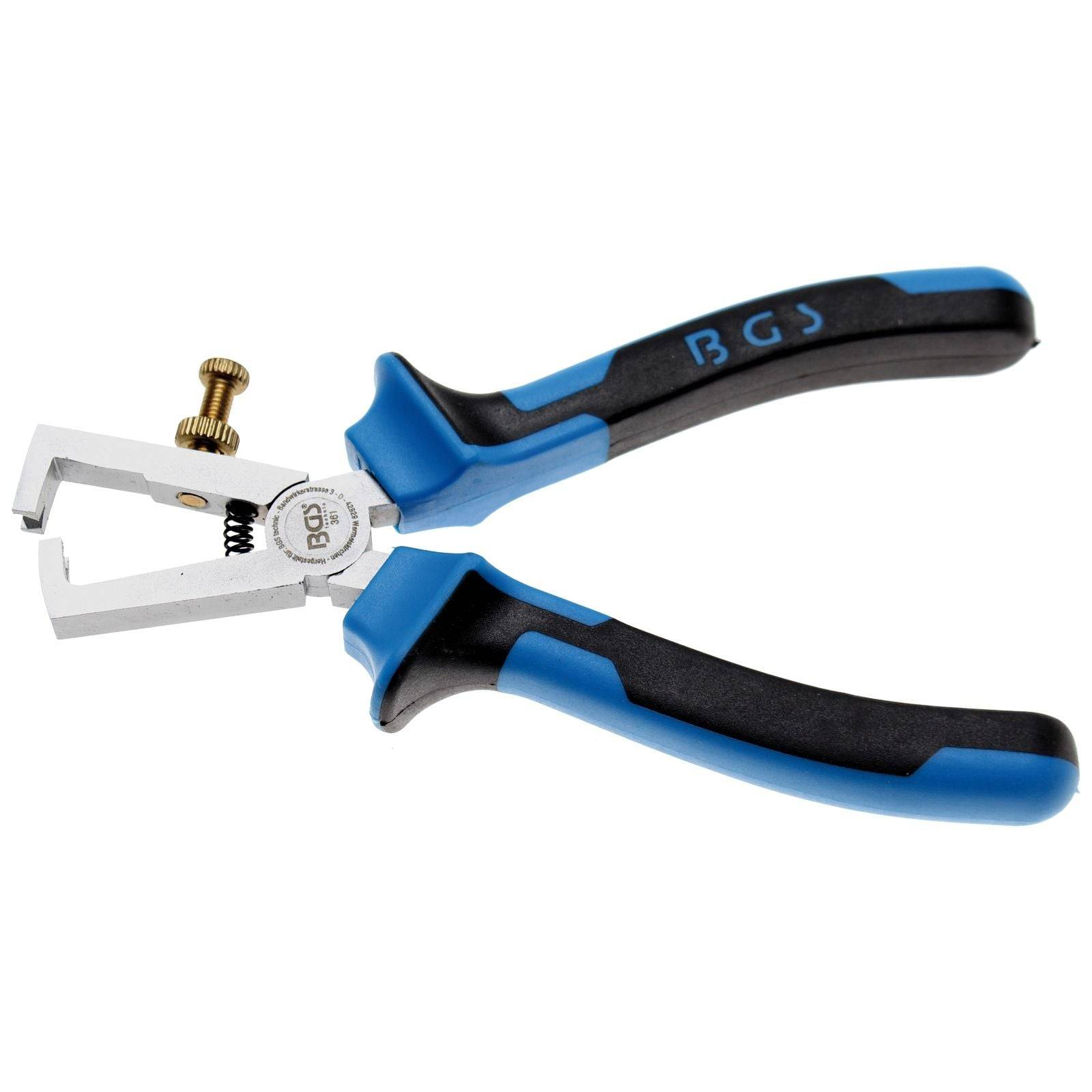 Ein Paar Abisolierzangen in Blau und Schwarz mit einer einstellbaren Schraube, entwickelt zum Abisolieren von Elektrokabeln.