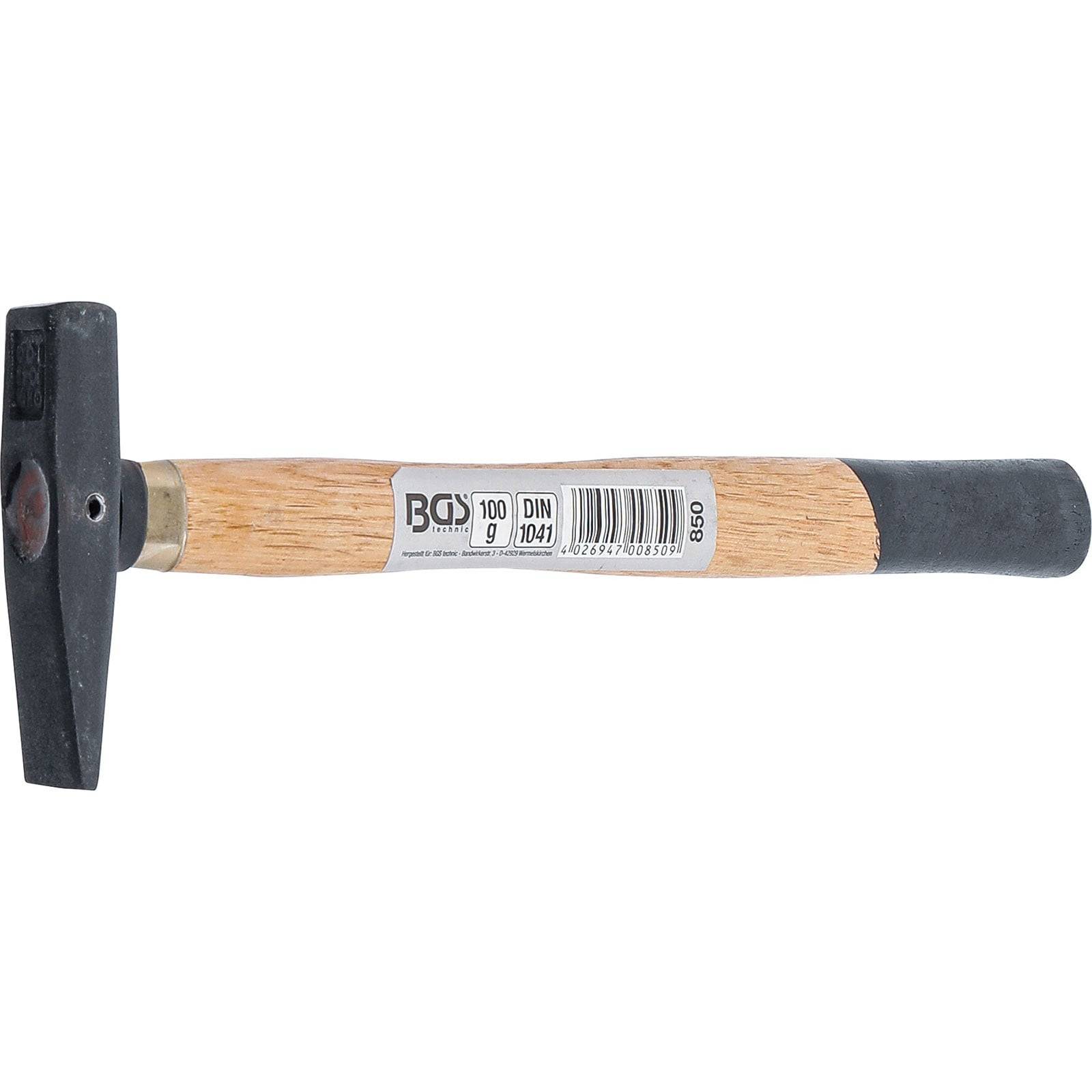 Ein Hammer mit einem Holzgriff und Metallkopf, der eine schmale Schlagfläche aufweist und für präzise, leichte Schlagaufgaben konzipiert ist.