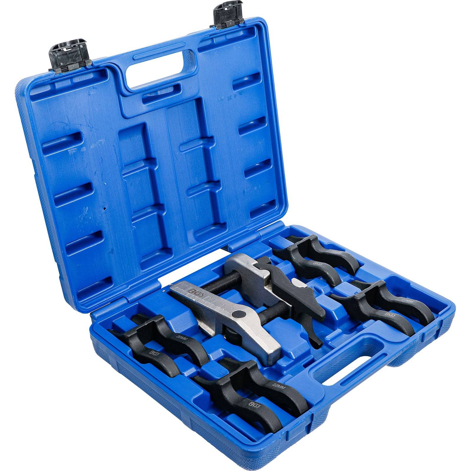 Ein blauer Plastikkoffer mit offenem Deckel, der einen Satz von sechs schwarzen Werkzeugaufsätzen zeigt, die ordentlich in vorgesehenen Fächern angeordnet sind.