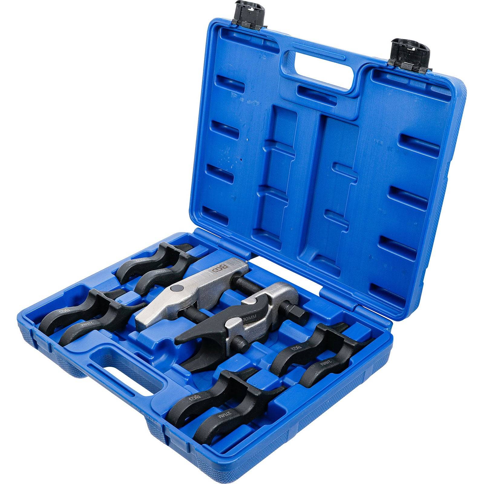 Ein blauer Hartschalenkoffer enthält einen Satz verschiedener schwarzer Abzieher-Klammern, die für automotive Reparaturaufgaben entwickelt wurden und ordentlich in geformten Fächern angeordnet sind.