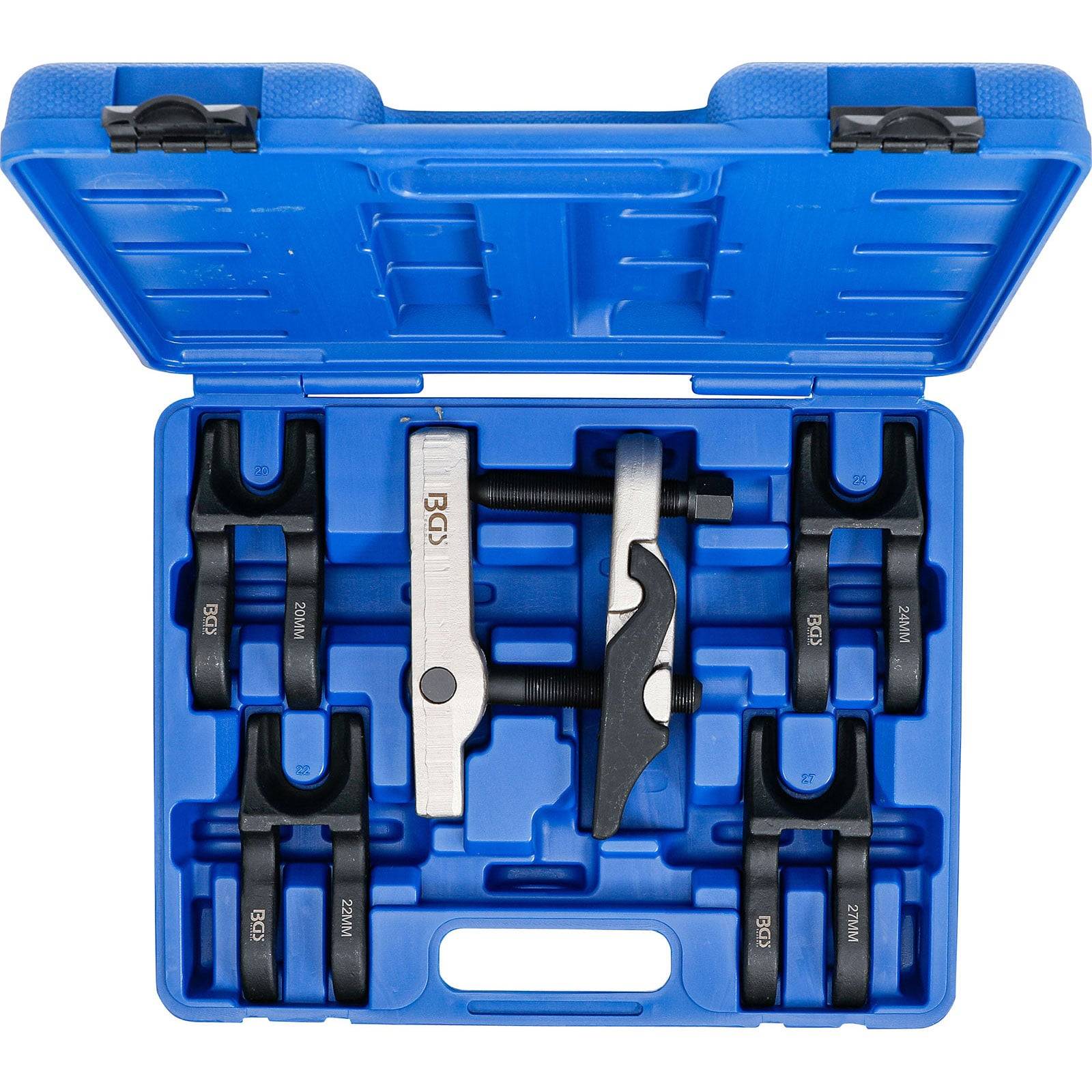 Ein blauer Kunststoff-Transportkoffer, der sieben spezialisierte Automobilwerkzeuge zur Demontage und Montage von Ventilfedern enthält.