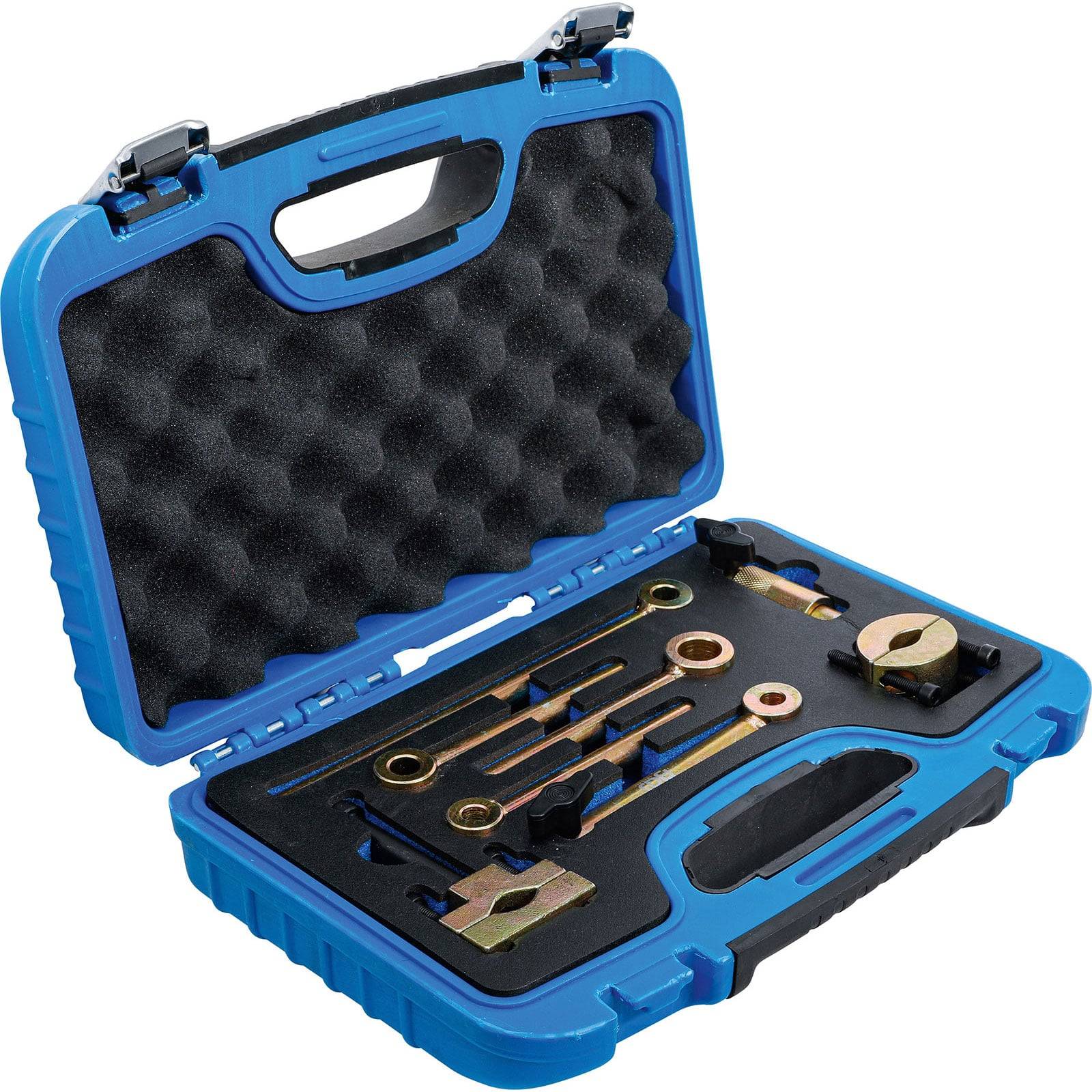 Ein blauer Kunststoff-Werkzeugkoffer mit verschiedenen spezialisierten Metallwerkzeugen, darunter Schraubenschlüssel und Stangen, ordentlich mit Schaumstoffpolsterung organisiert.