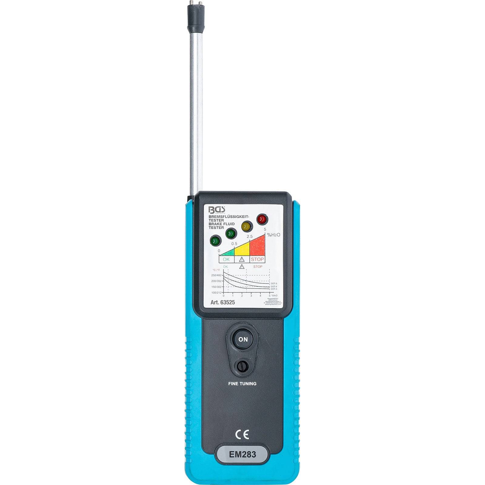 Tragbarer Automotiv-Lecksucher mit einer Antenne, elektronischer Anzeige und beschrifteten Indikatoren zur Messung der Betriebseffizienz.