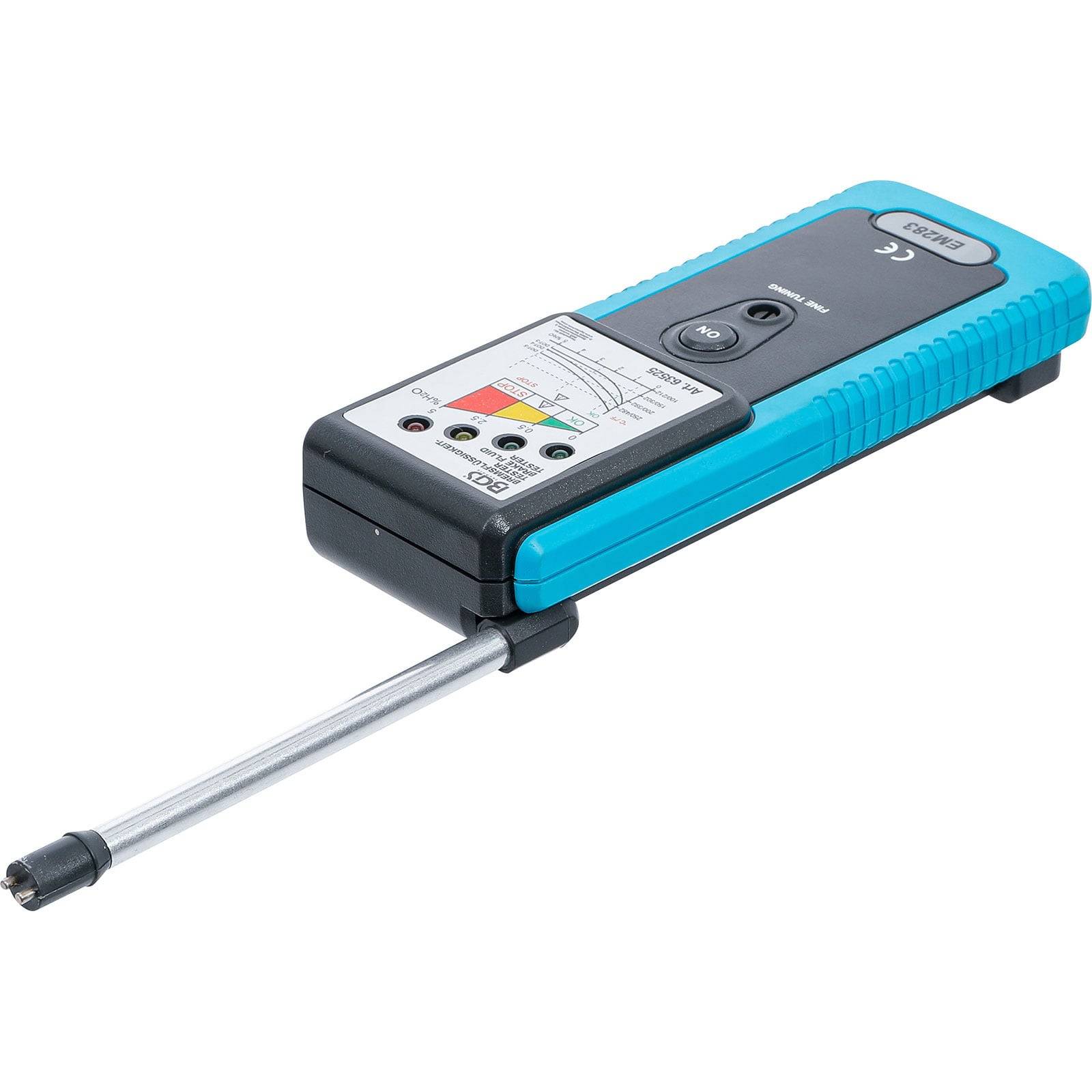 Ein tragbares elektrisches Prüfgerät mit blauem Gehäuse und ausgefahrener Metallsonde, versehen mit einer Taste und einer Indikatorskala oben auf dem Gerät.