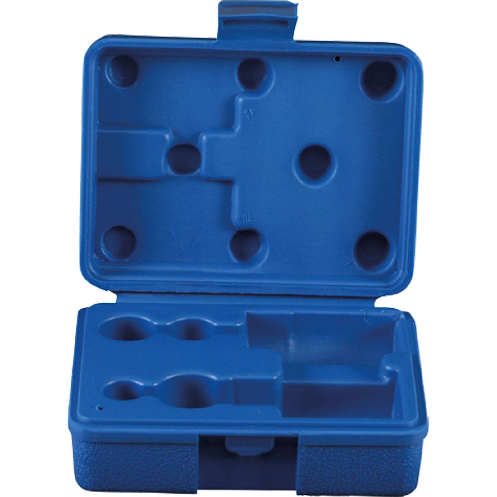 Eine blaue Kunststoff-Aufbewahrungsbox mit einer geformten Ablage, die verschiedene kreis- und rechteckförmige Abschnitte aufweist und darauf ausgelegt ist, bestimmte Gegenstände sicher zu fixieren.