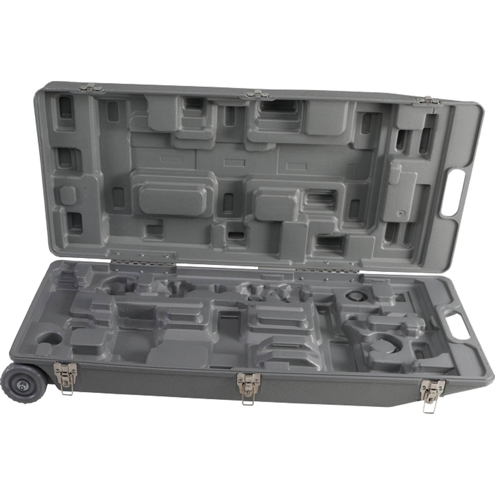 Eine große, offene graue Plastiktragetasche mit mehreren geformten Fächern zum sicheren Aufbewahren und Organisieren verschiedener Werkzeuge oder Ausrüstungsgegenstände, ausgestattet mit Rollen und Griffen für einfachen Transport.