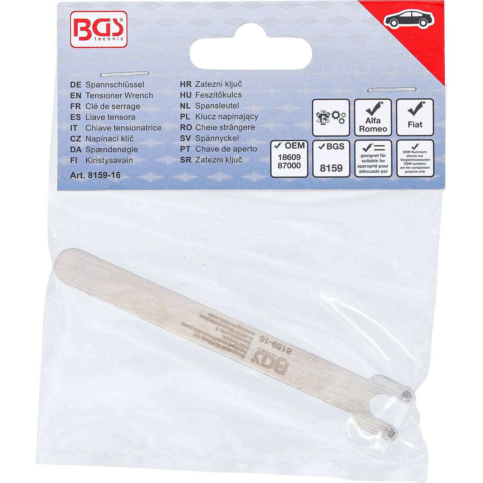 Verpackter Kettespanner mit mehrsprachigen Beschriftungen, BGS-Branding und Referenzen zu Alfa Romeo und Fiat Fahrzeugen.