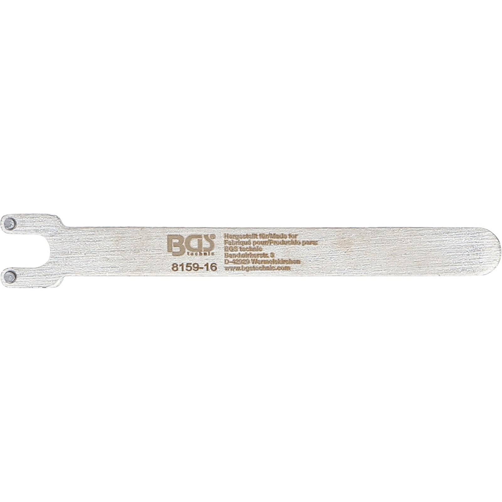 Ein silbernes Werkzeug mit flacher, länglicher Form und einem zweigabeligen Ende, beschriftet mit 'BGS' und '8159-16', das für Präzisionsaufgaben verwendet wird.