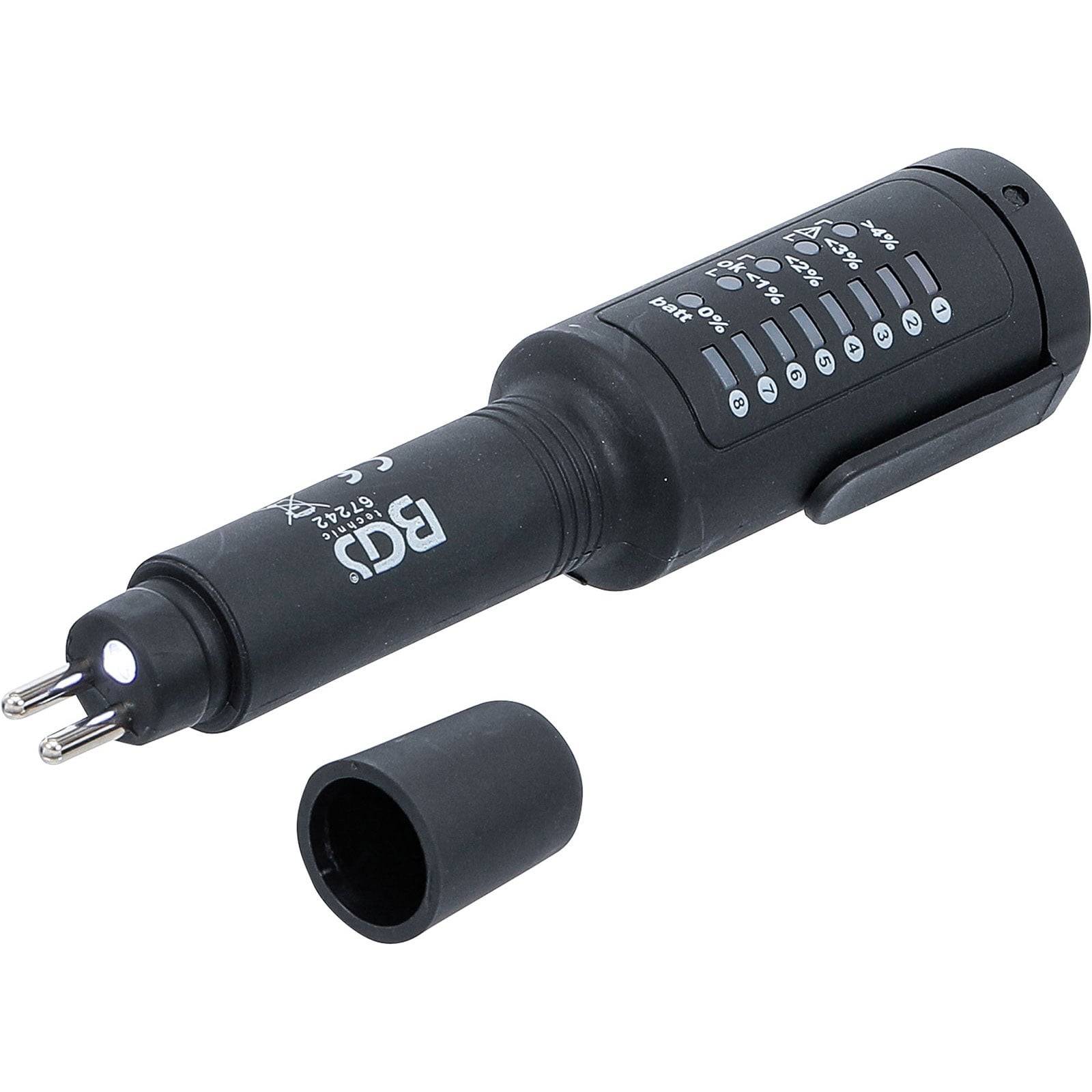 Spannungsprüfer-Stift mit abgenommenem Deckel, der LED-Anzeigen zum Testen der Stromkreisverbindung und Spannungslevel zeigt.