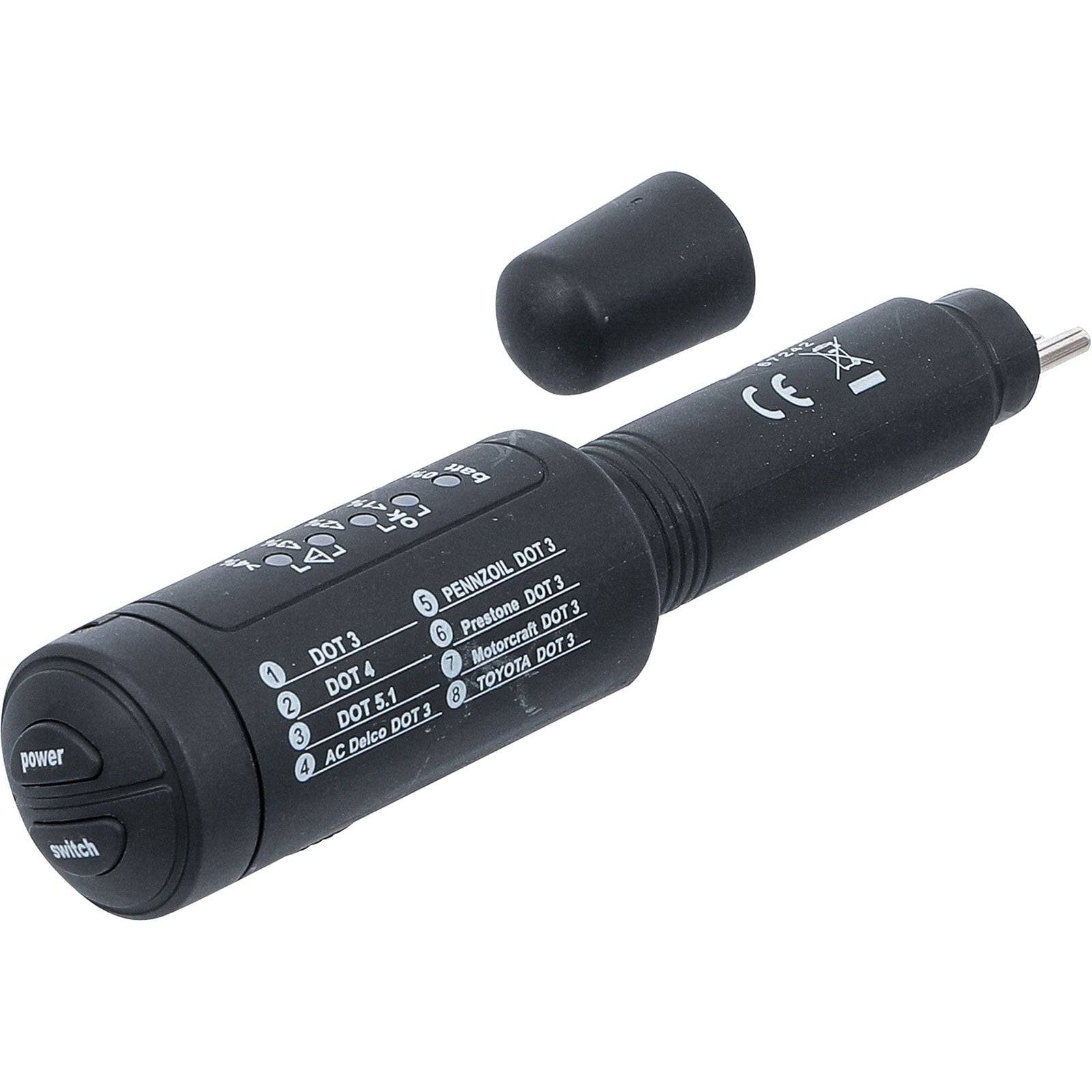 Fahrzeug-Bremsflüssigkeitstester mit Energie- und Schalttasten, beschriftet für DOT3, DOT4, DOT5, PENKROL, Prestone, Moresa, Toyota, AC Delco.