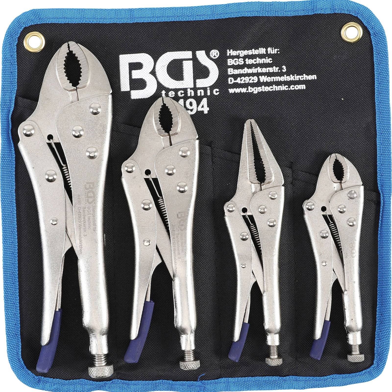 Ein Set aus vier BGS-Technik-Gripzangen in verschiedenen Größen, aufbewahrt in einem Stoffetui, mit sichtbaren Herstellerdetails auf dem Etui.
