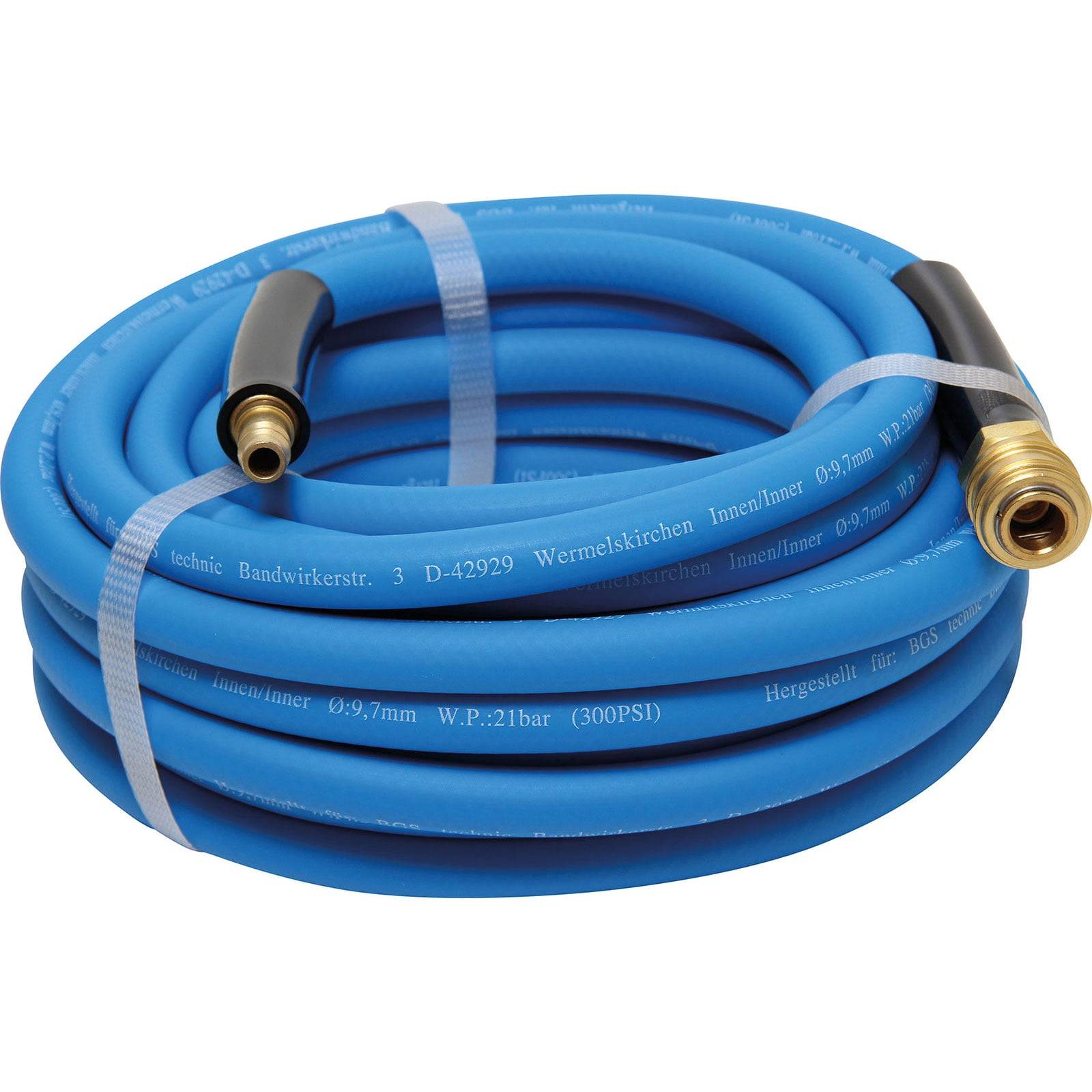 Ein aufgewickelter blauer Gummischlauch mit Messingverschraubungen, verwendet für Luft oder Wasser, mit Spezifikationen gekennzeichnet, einschließlich 'W.P. 21 bar (300 PSI)'.