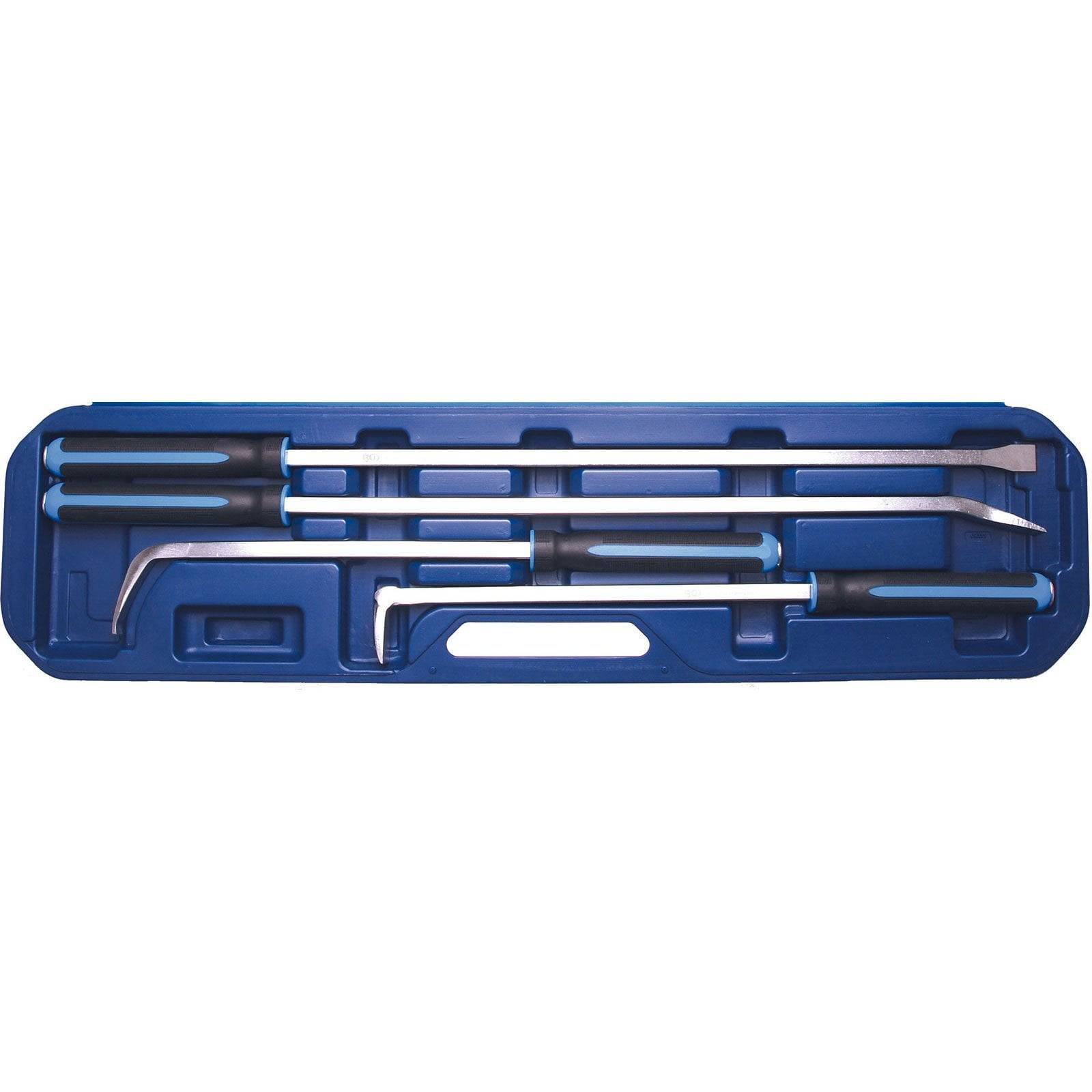 Eine blaue Plastikbox, die vier Metallhebel mit schwarzen Griffen enthält, ordentlich in Fächern angeordnet, geeignet für Automobil- oder mechanische Anwendungen.