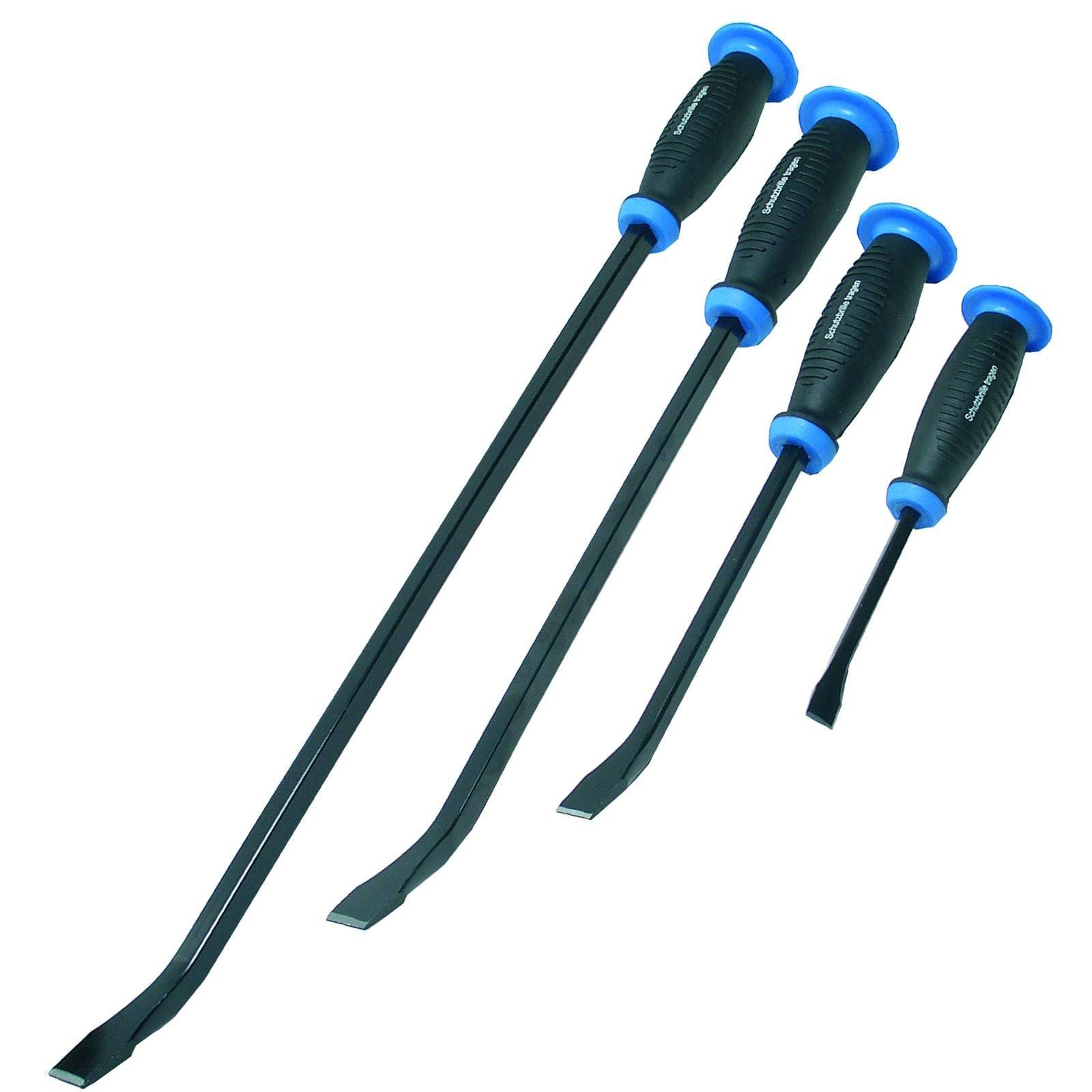 Ein Satz von vier Metallhebeln mit blauen und schwarzen gummierten Griffen, die in absteigender Größenordnung angeordnet sind.