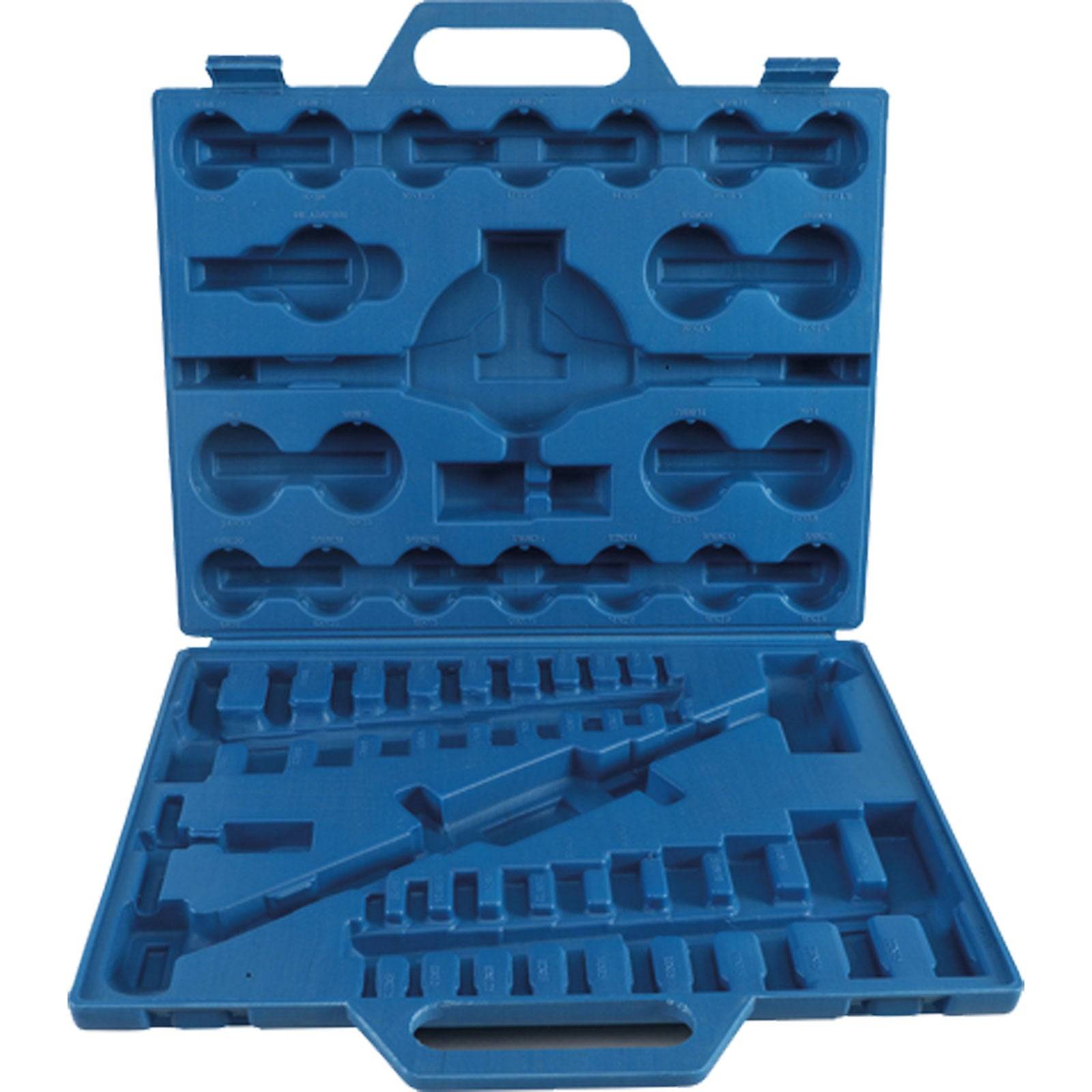 Ein offener blauer Kunststoff-Transportkoffer mit maßgeschneiderten Schaumstoffeinlagen, der darauf ausgelegt ist, Werkzeuge oder Instrumente sicher zu verstauen und zu organisieren.