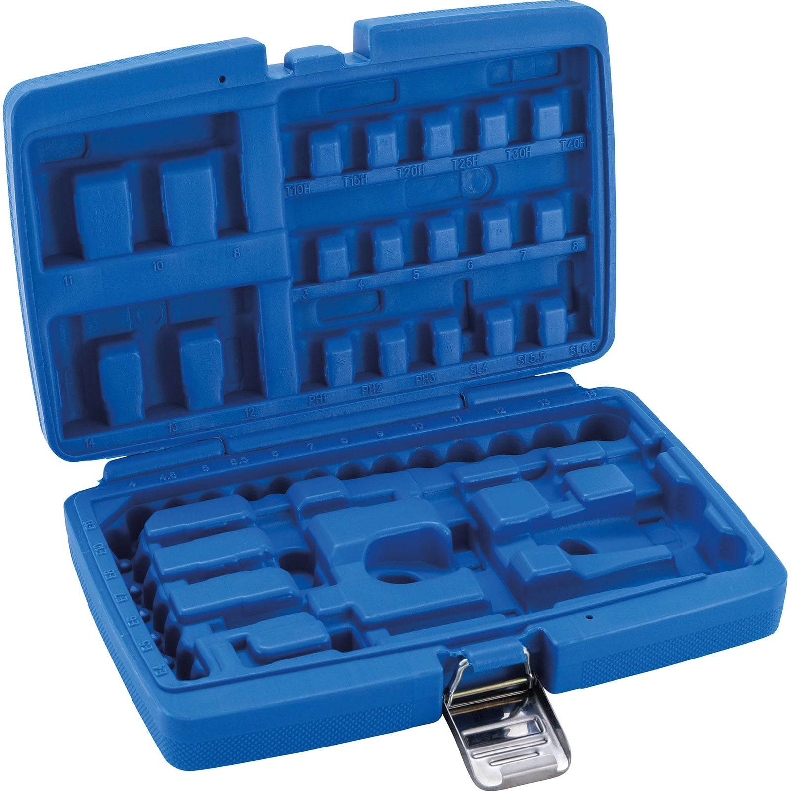 Geöffneter blauer Plastikwerkzeugkoffer mit Schlitzen für verschiedene Socketgrößen, organisiert aber leer, mit sichtbarem Metallverschluss an der Vorderseite.