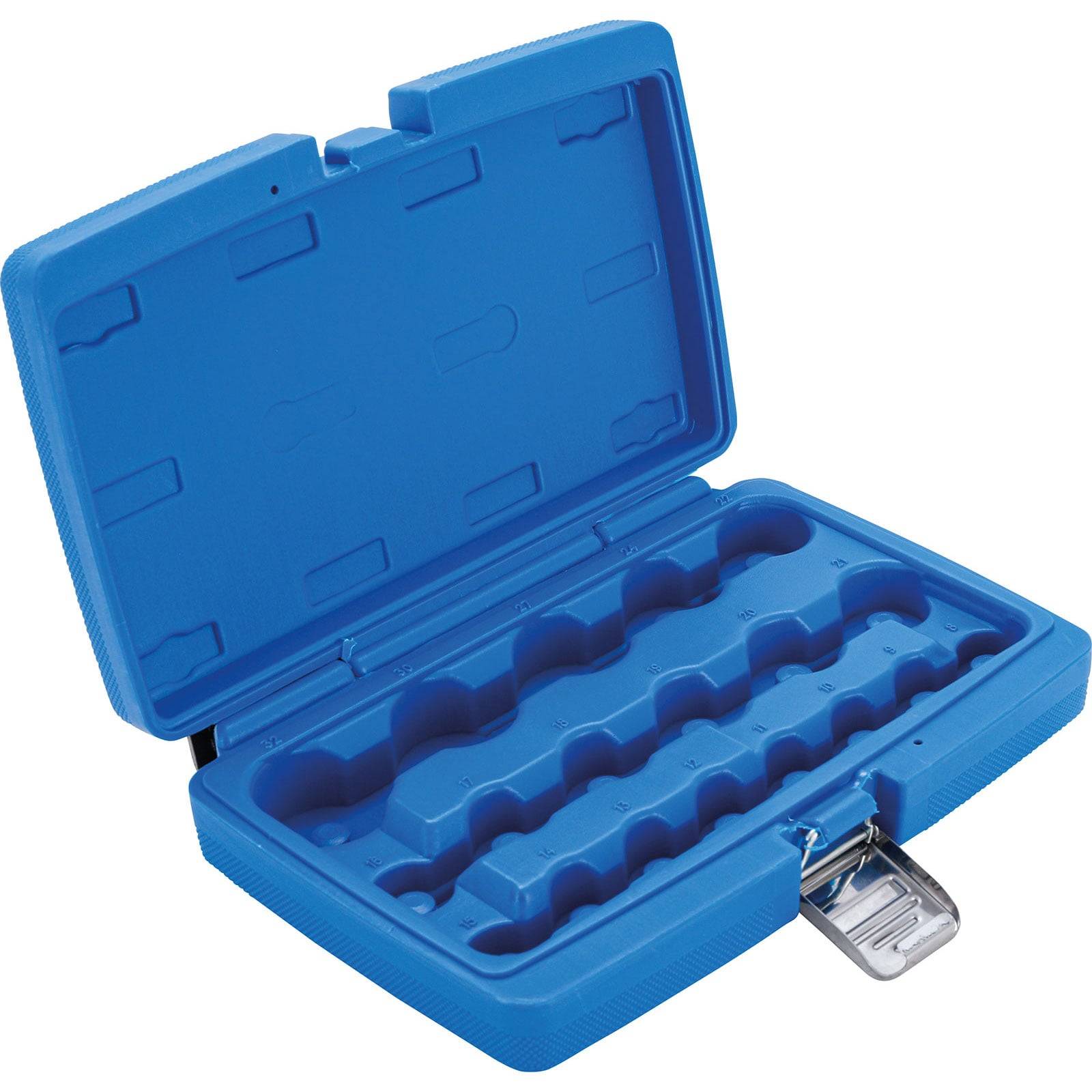 Ein offener, leerer blauer Kunststoff-Werkzeugkoffer mit grauem Verschluss, entwickelt zum Aufbewahren von verschiedenen kleinen Werkzeugen oder Komponenten.