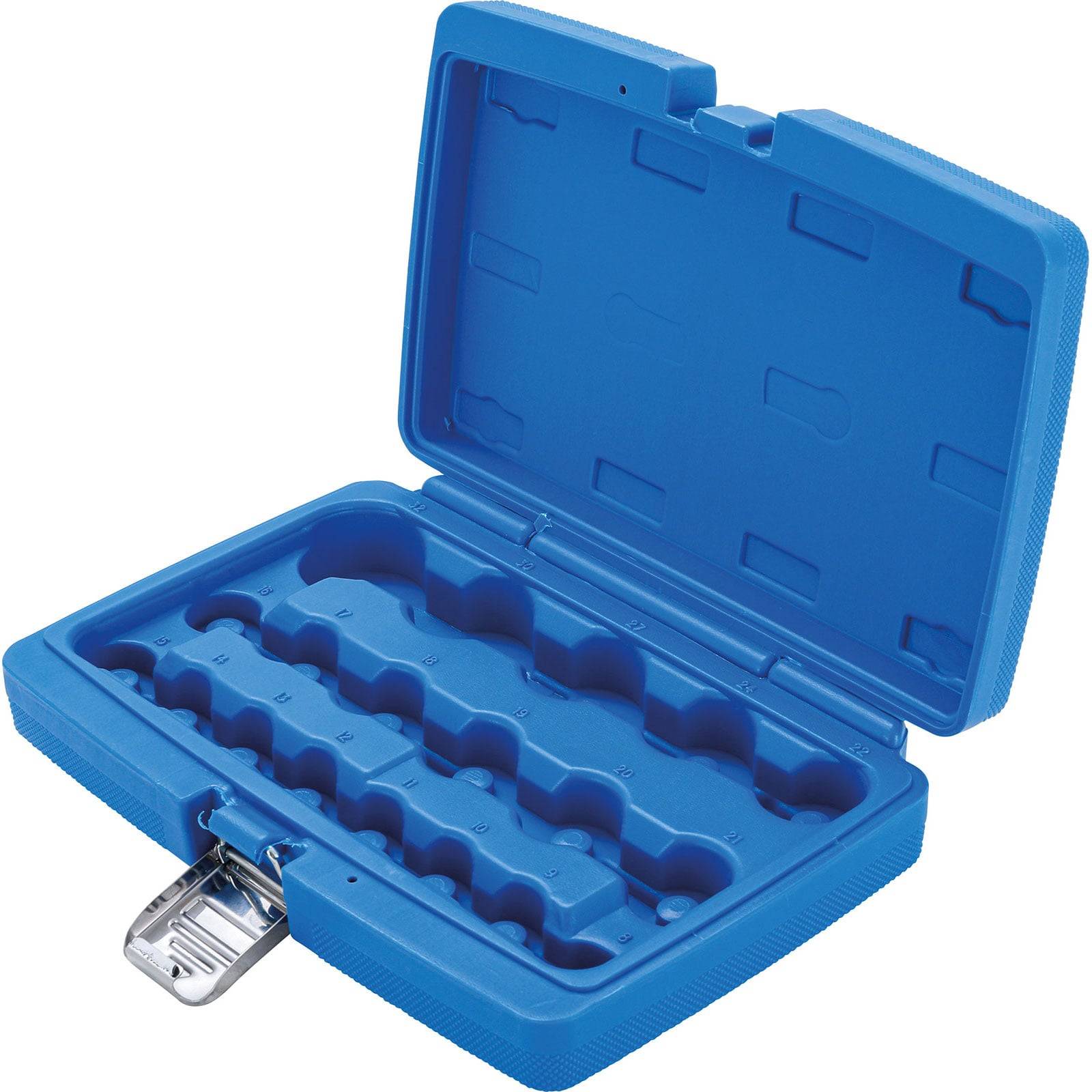 Blauer Kunststoffkoffer mit mehreren Fächern zum Aufbewahren und Organisieren von Gegenständen, geöffnet dargestellt mit einer Klappe an der Vorderseite.