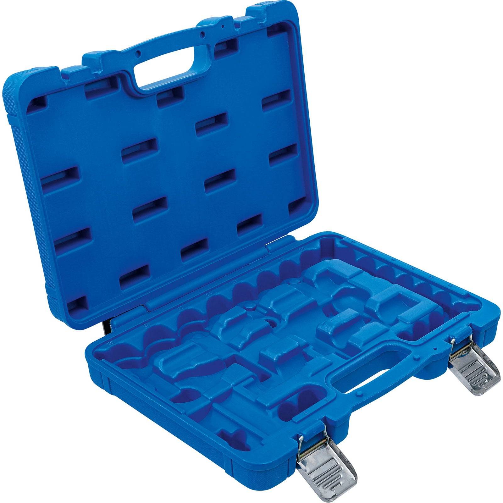 Eine blaue Kunststoff-Werkzeugkiste mit Fächern zur Werkzeugorganisation, geöffnet und mit sichtbaren Verschlüssen.