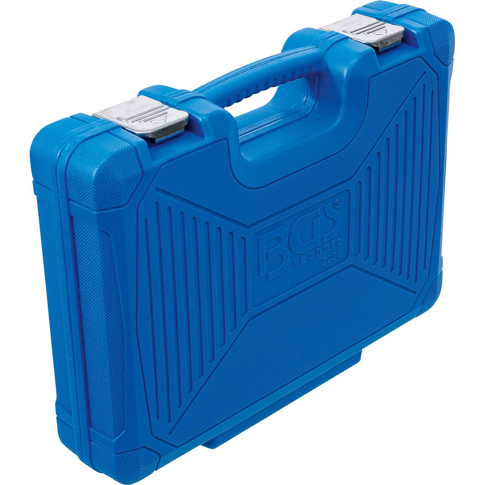 Eine blaue, robuste Plastiktragetasche mit einem stabilen Griff, versehen mit dem gravierten Logo 'BGS Technic'.