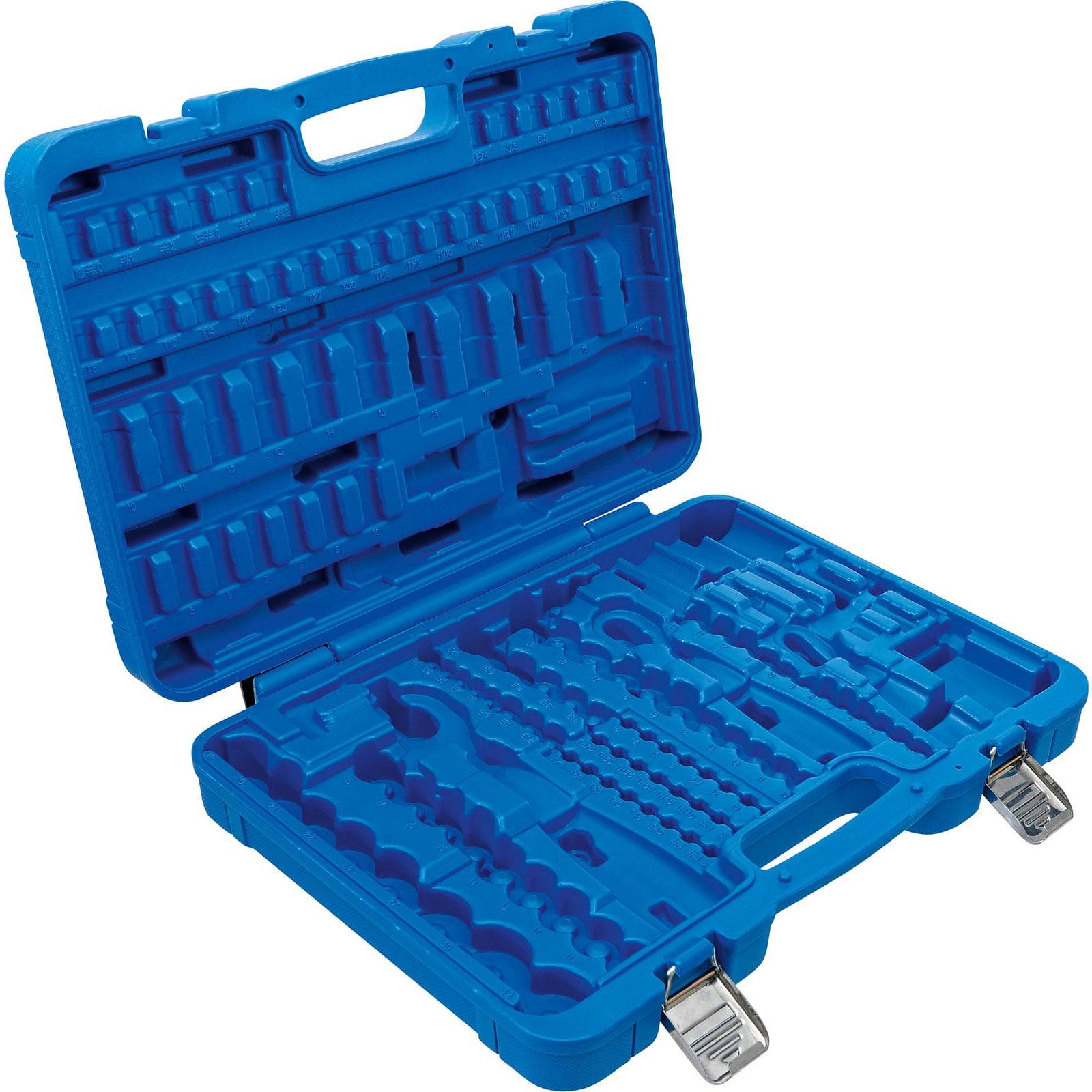 Geöffneter blauer Kunststoff-Werkzeugkoffer mit mehreren Fächern zur Werkzeugorganisation; er ist leer und flach ausgebreitet, wobei die Metallverschlüsse geöffnet sind.