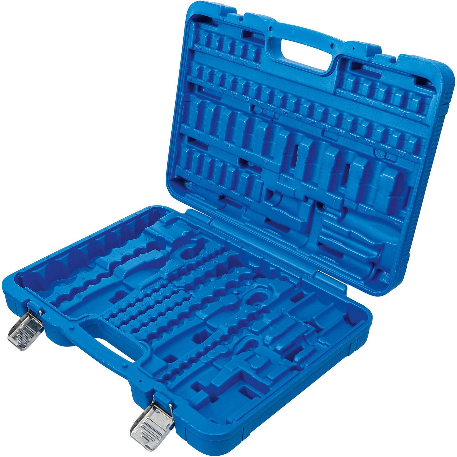 Blauer Plastik-Werkzeugkasten mit offenen, mehreren Fächern zur Werkzeugorganisation.