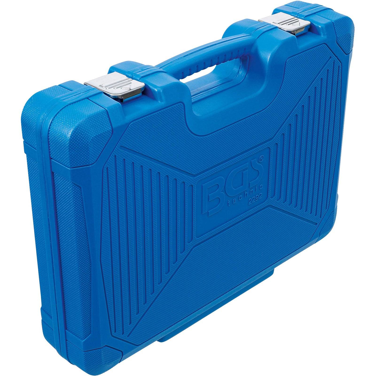 Ein blauer Plastikwerkzeugkoffer mit Griff und Metallverschlüssen, mit dem eingeprägten Logo 'BGS' auf der Vorderseite.