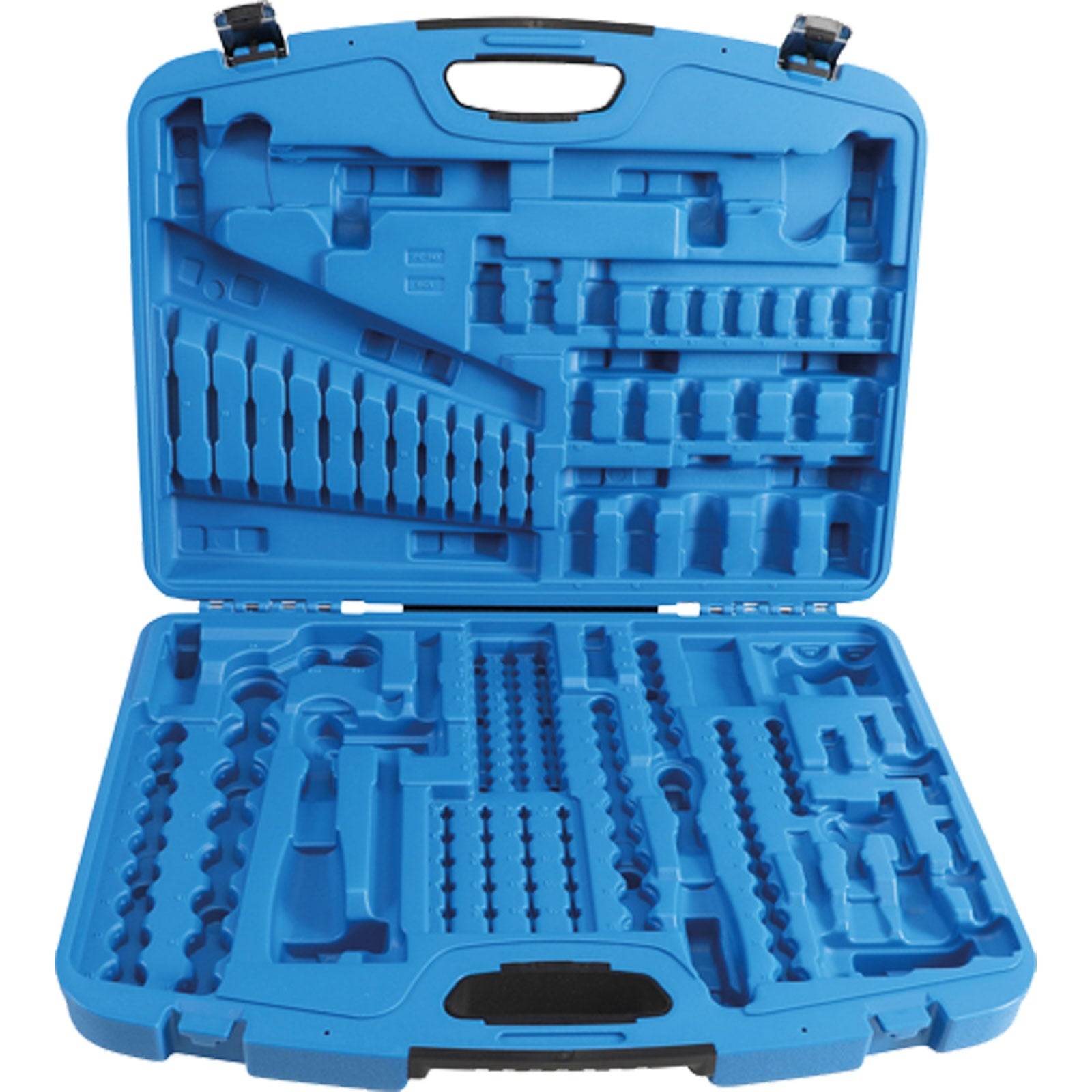 Ein offener blauer Werkzeugkoffer mit mehreren Fächern, aber er ist leer. Das Design deutet auf Halterungen für Schraubenschlüssel, Schraubendreher und andere Werkzeuge hin.