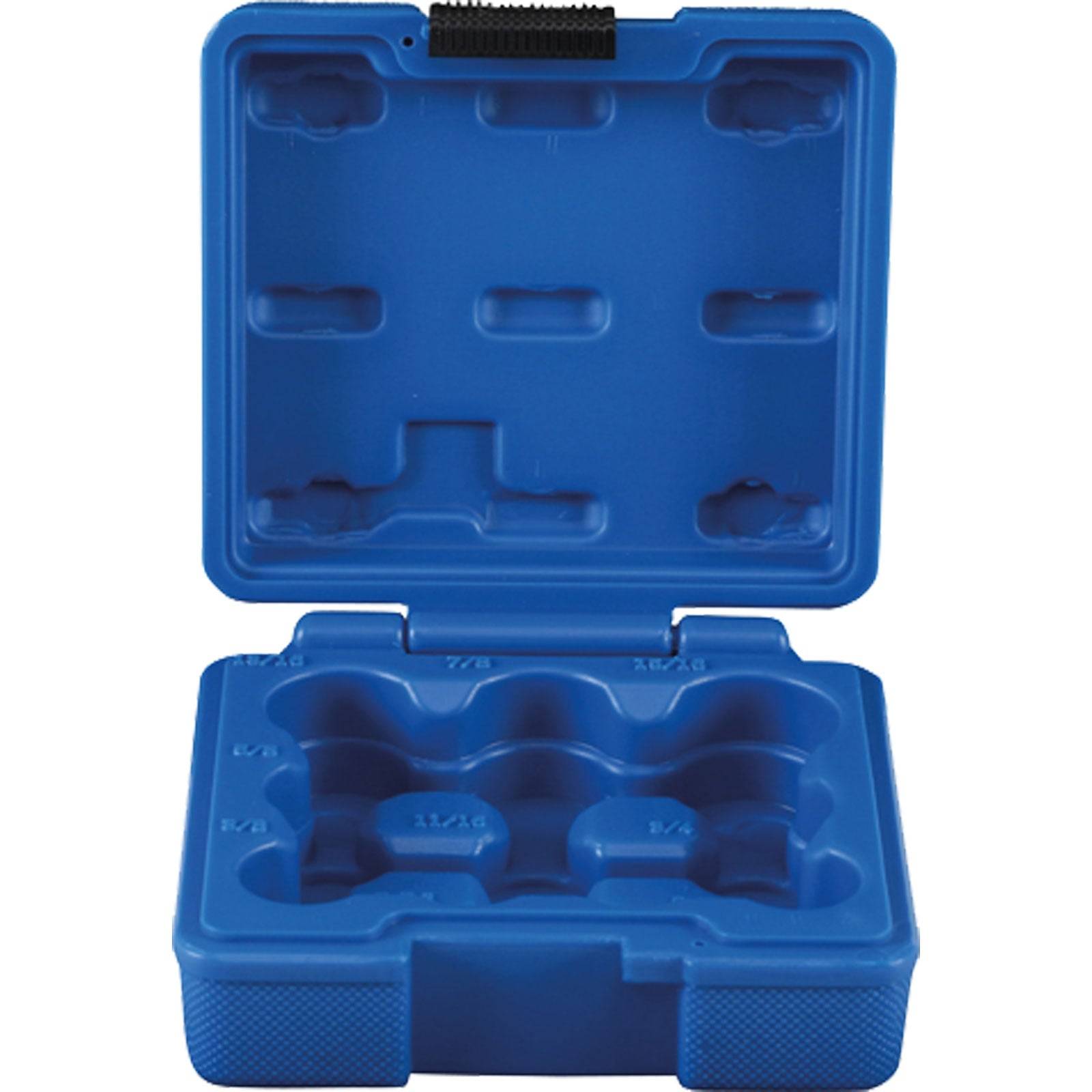 Eine blaue Kunststoff-Aufbewahrungsbox mit einer passgenauen Innenausstattung, die Steckschlüssel verschiedener Größen aufnehmen kann; mit Größenmarkierungen zur Organisation beschriftet.