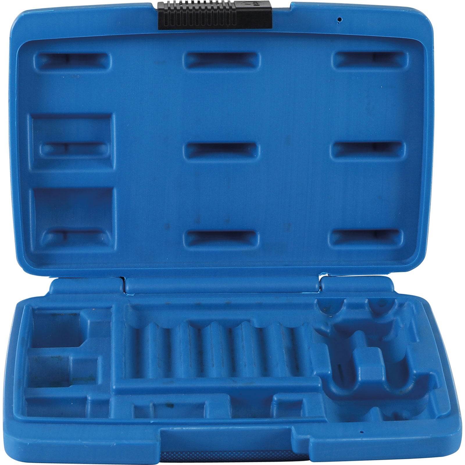 Blauer Kunststoff-Werkzeugkoffer mit mehreren Fächern zur Aufbewahrung von kleinen Werkzeugen oder Einzelteilen, geöffnet und ohne Inhalt gezeigt.