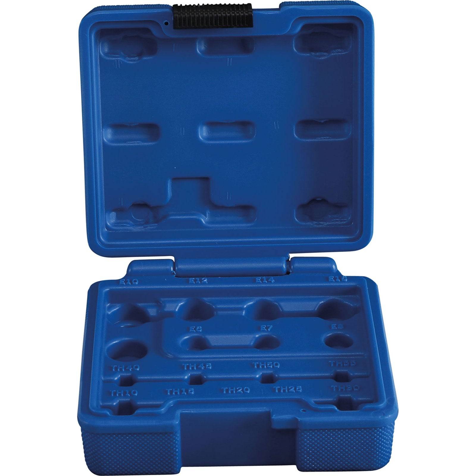 Eine blaue Kunststoff-Aufbewahrungsbox mit vorgesehenen Einschnitten für Werkzeuge, einschließlich Markierungen mit Beschriftungen für verschiedene Werkzeuggrößen. Die Box ist geöffnet.
