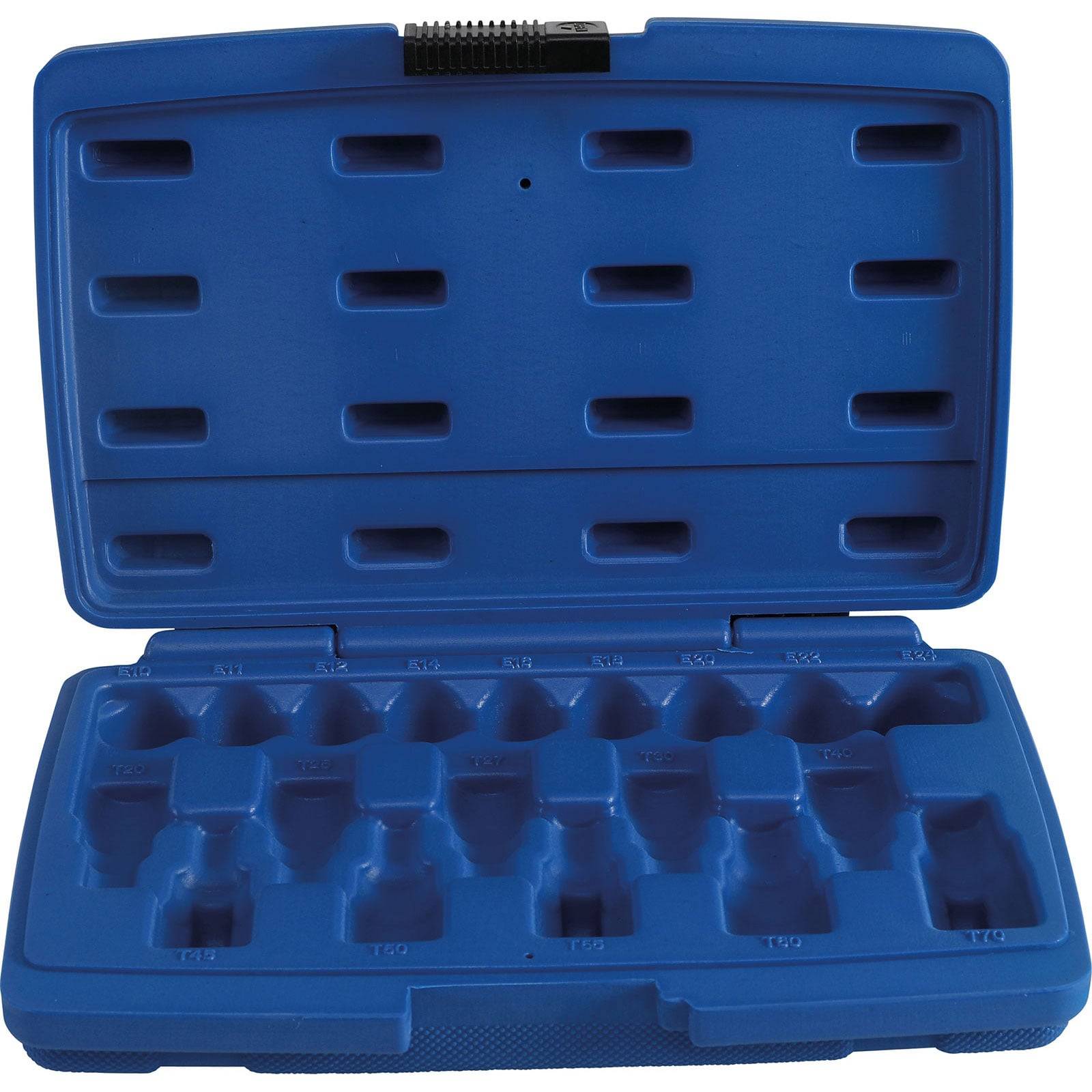 Eine blaue Kunststoffbox mit Fächern zum Aufbewahren von Werkzeugen, ausgestattet mit einem Verschluss. Die Innenbereiche sind mit Nummern gekennzeichnet.