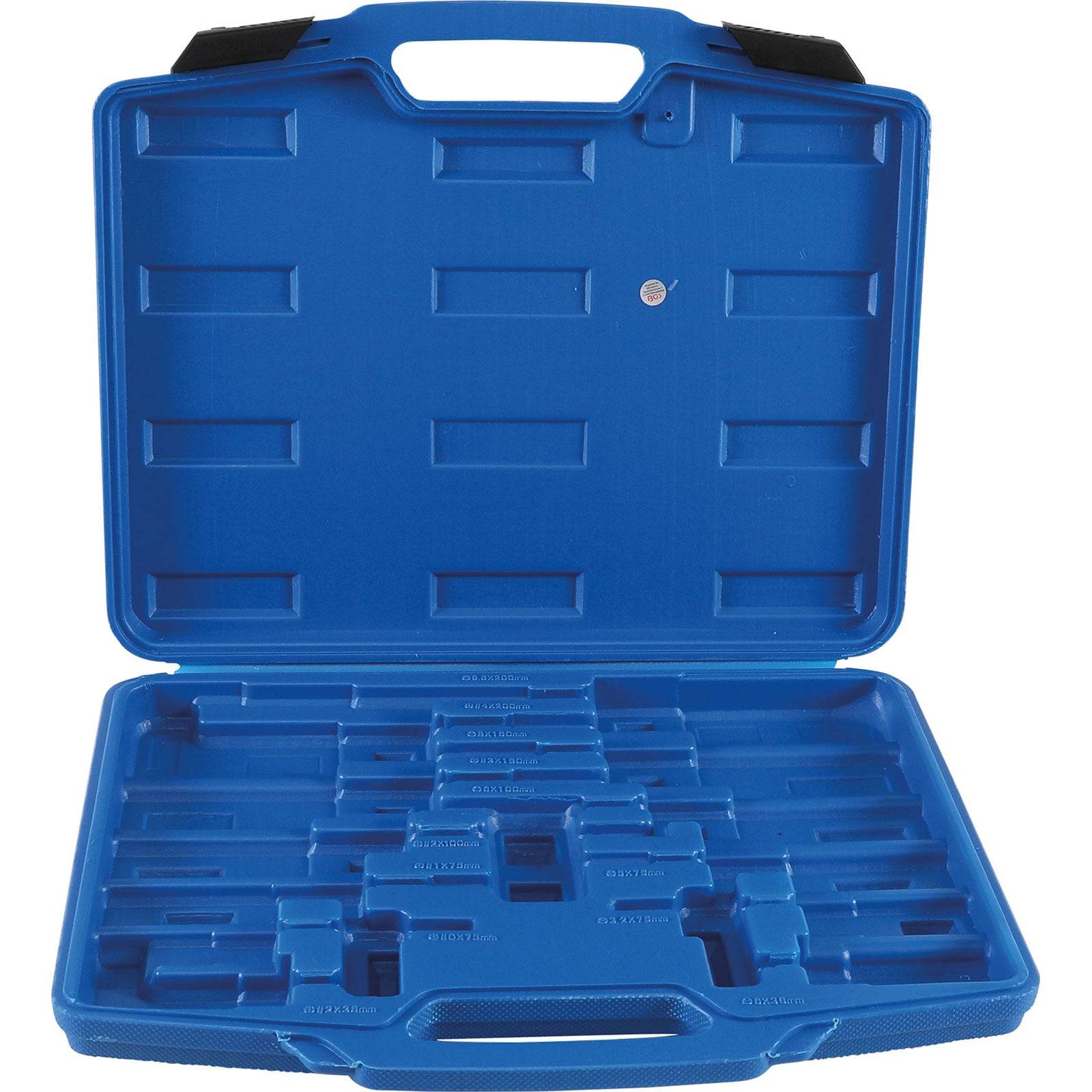 Eine blaue Plastiktragetasche mit offener Deckelklappe, die maßgeschneiderte Aussparungen für Werkzeuge oder Zubehör enthält, aber derzeit leer ist.