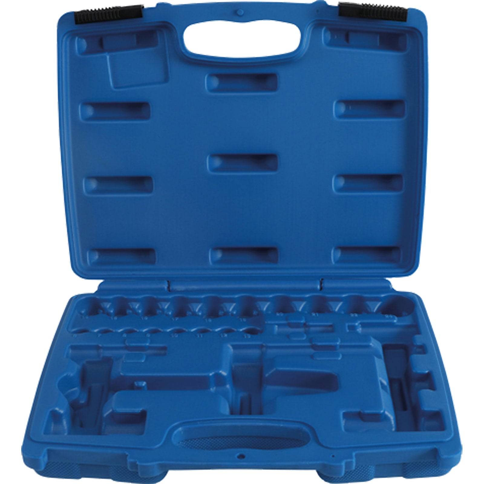 Ein offener, leerer blauer Kunststoff-Werkzeugkoffer mit Griff, der geformte Fächer zur Werkzeugorganisation aufweist.