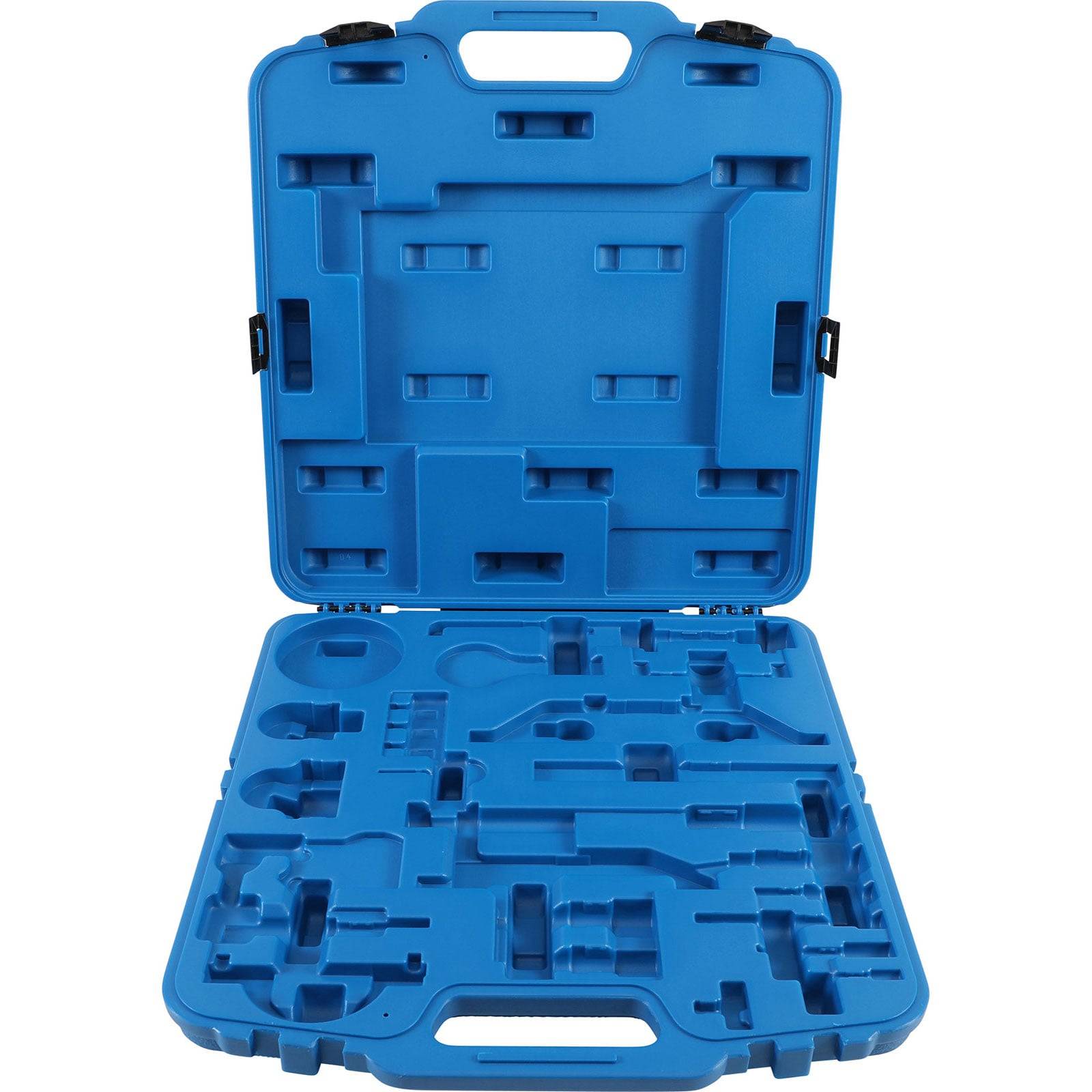 Eine offene blaue Kunststoff-Werkzeugkiste mit verschiedenen Fächern, die für bestimmte Werkzeuge konzipiert sind, derzeit leer, von oben aufgenommen.