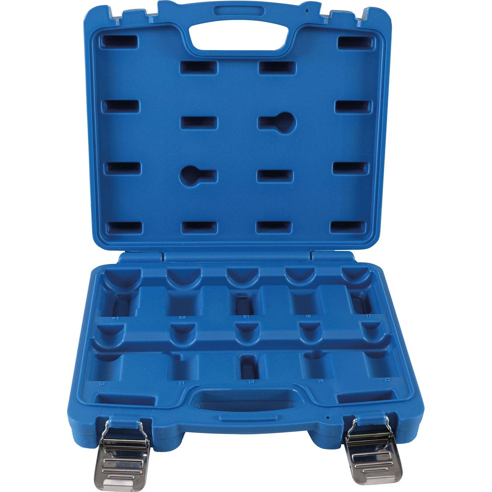 Eine offene, leere blaue Plastikbox mit Schaumstoffeinsatz, die mehrere Aussparungen zur Aufbewahrung verschiedener Werkzeug- oder Ausrüstungsformen aufweist.