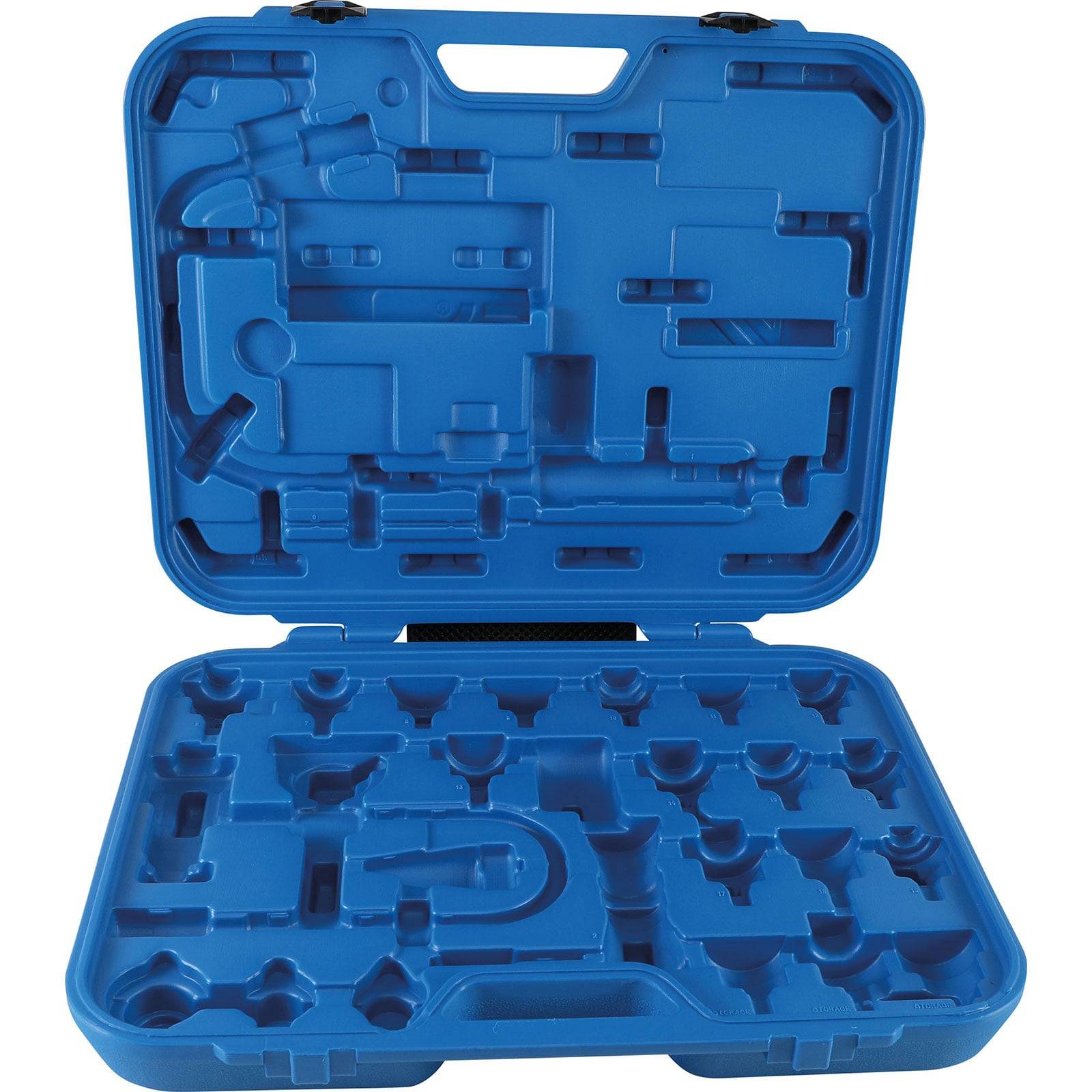 Blauer Kunststoff-Werkzeugkoffer mit ausgeschnittenen Fächern zur Organisation verschiedener Werkzeuge, geöffnet und leer, die die Lagerungsgestaltung hervorheben.