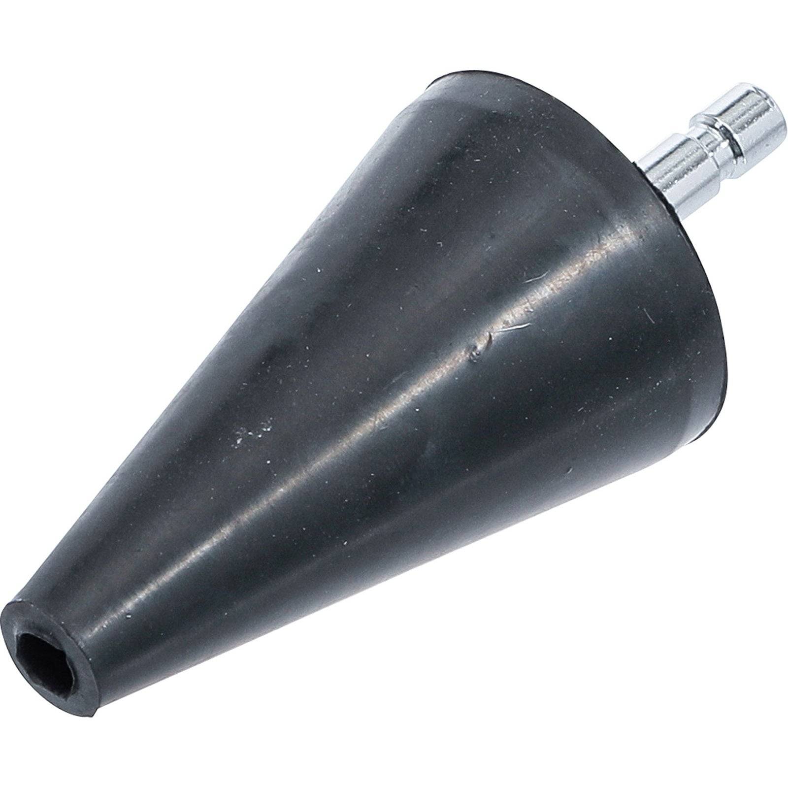 Ein schwarzer, gummierter, konischer Adapter mit einem Metallverbinder am schmalen Ende, der für Dichtungs- oder Befestigungszwecke in mechanischen Anwendungen verwendet wird.