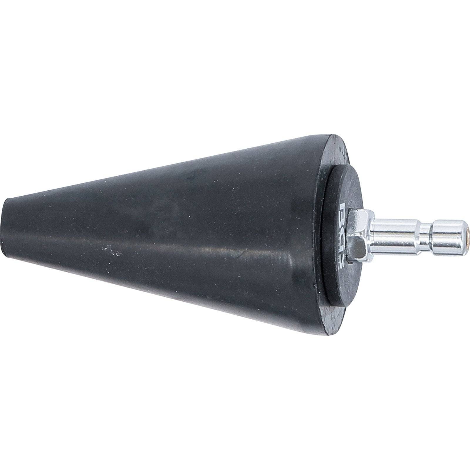 Ein schwarzes konisches, ausfahrbares Bremsentlüftungswerkzeug mit einem Metallanschluss an einem Ende, das für die Automobilwartung verwendet wird, um Luft aus den Bremsen zu entfernen.